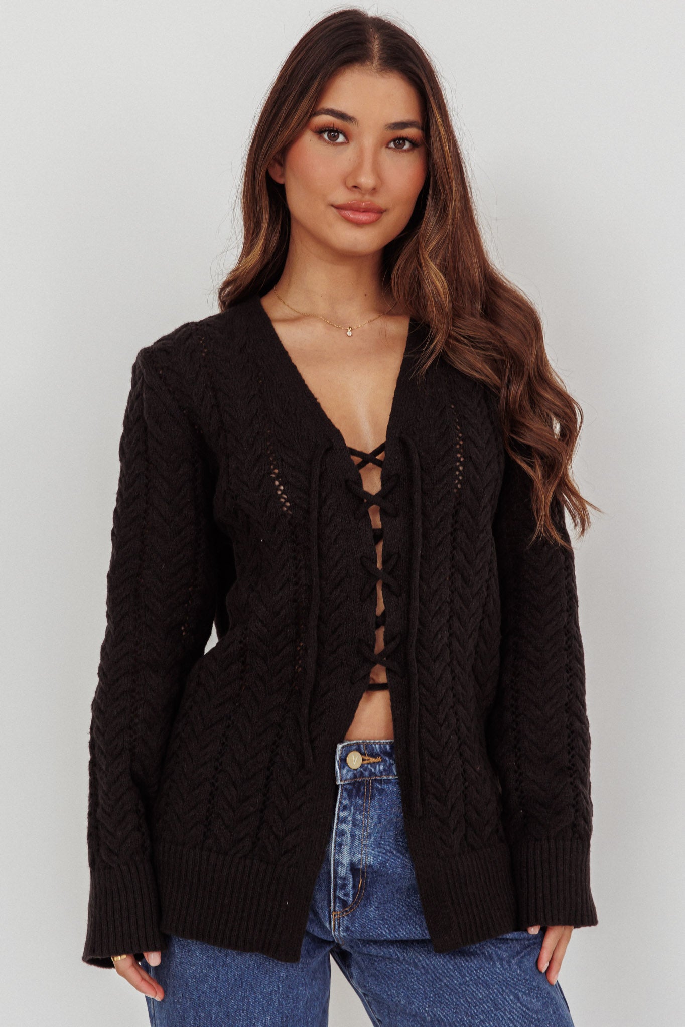 Seattle Lace-Up Front Knit Top Black by Selfie Leslie Australia
