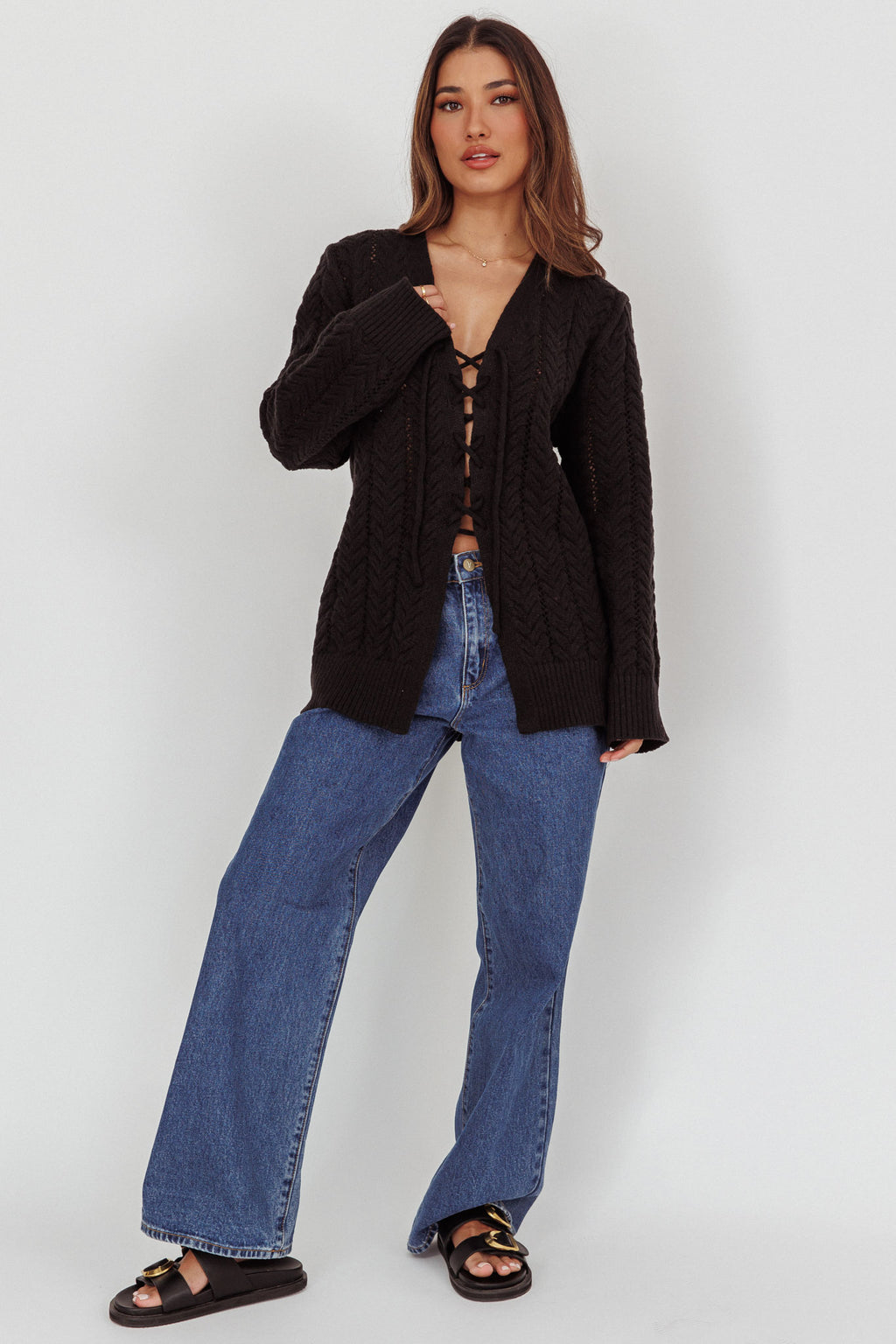 Seattle Lace-Up Front Knit Top Black by Selfie Leslie Australia