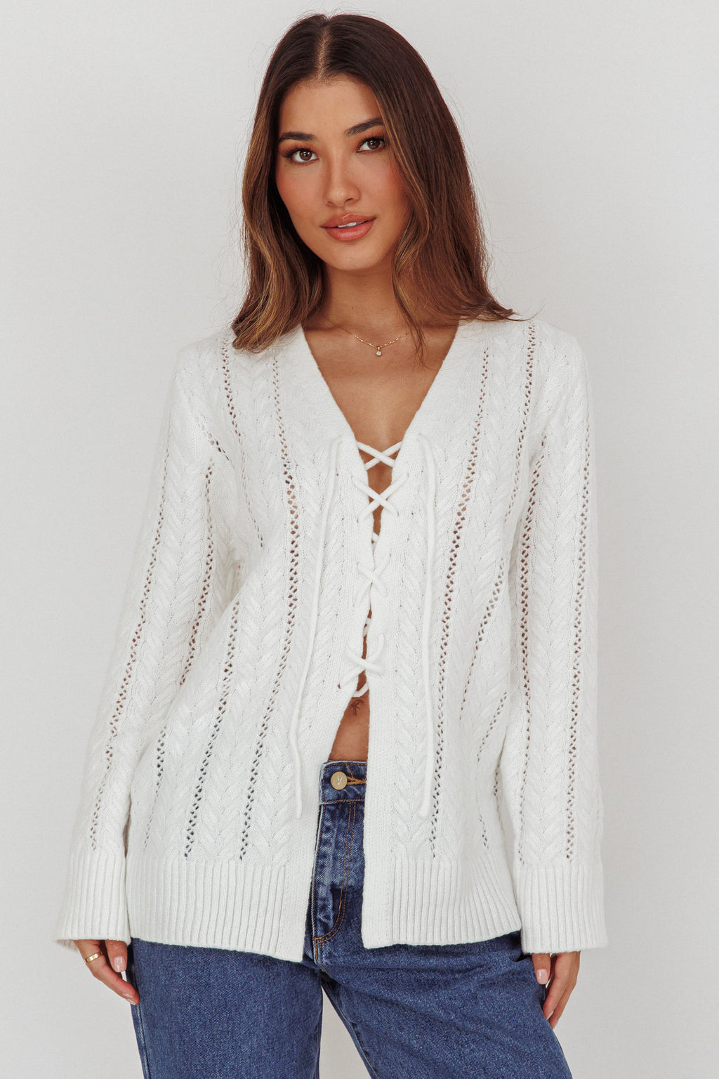 Seattle Lace-Up Front Knit Top White by Selfie Leslie Australia