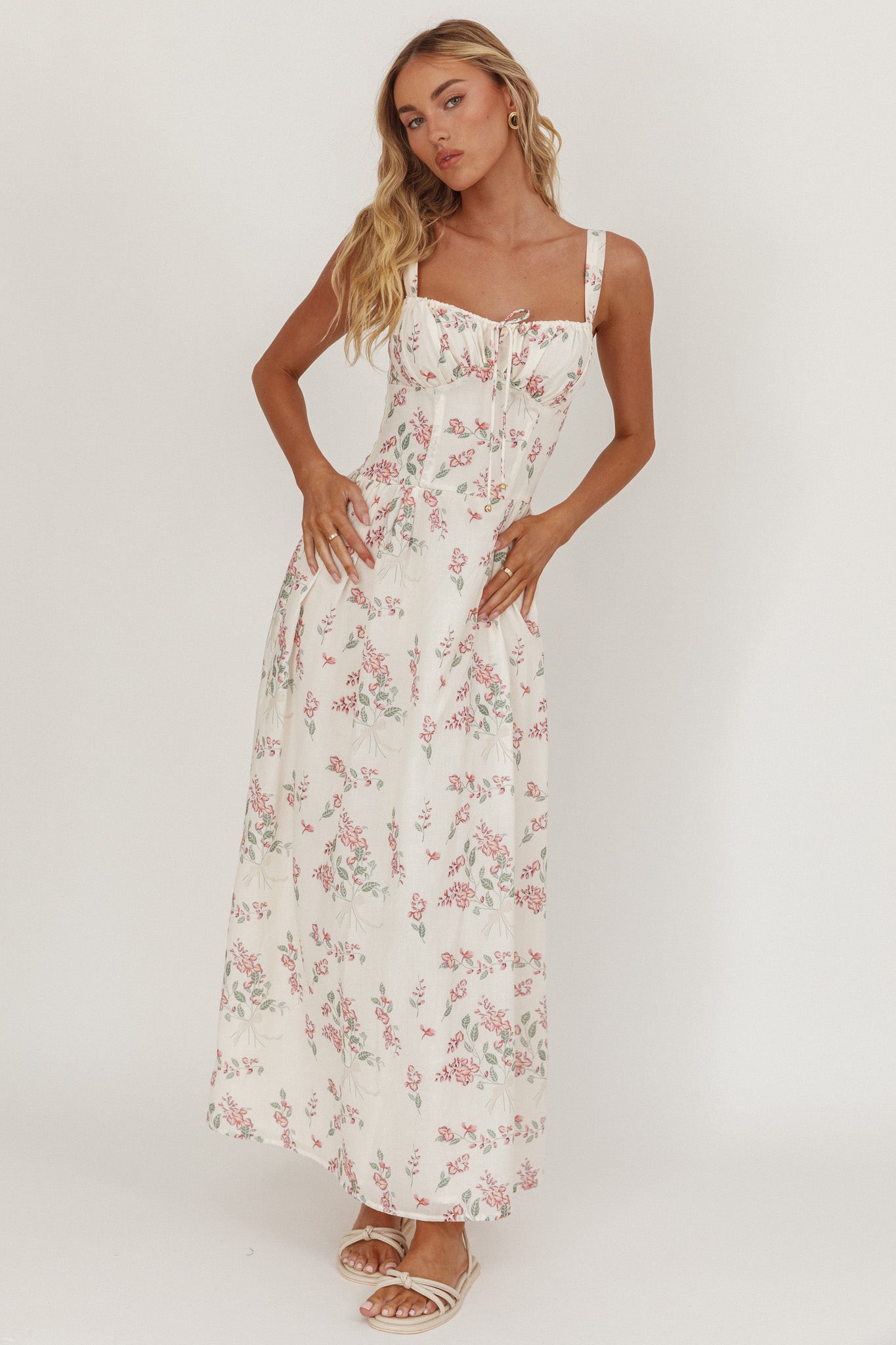 Seen The Light Tie Bust Maxi Dress Floral Cream/Pink by Selfie Leslie Australia