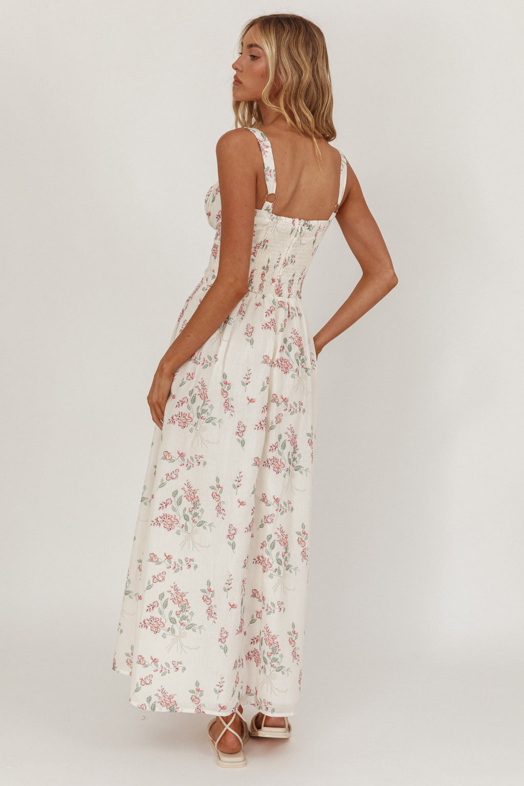 Seen The Light Tie Bust Maxi Dress Floral Cream/Pink by Selfie Leslie Australia