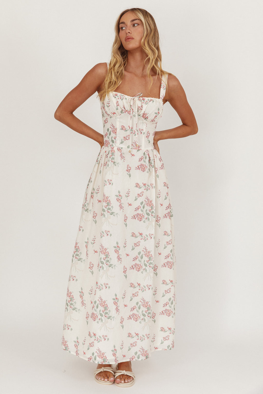 Seen The Light Tie Bust Maxi Dress Floral Cream/Pink by Selfie Leslie Australia