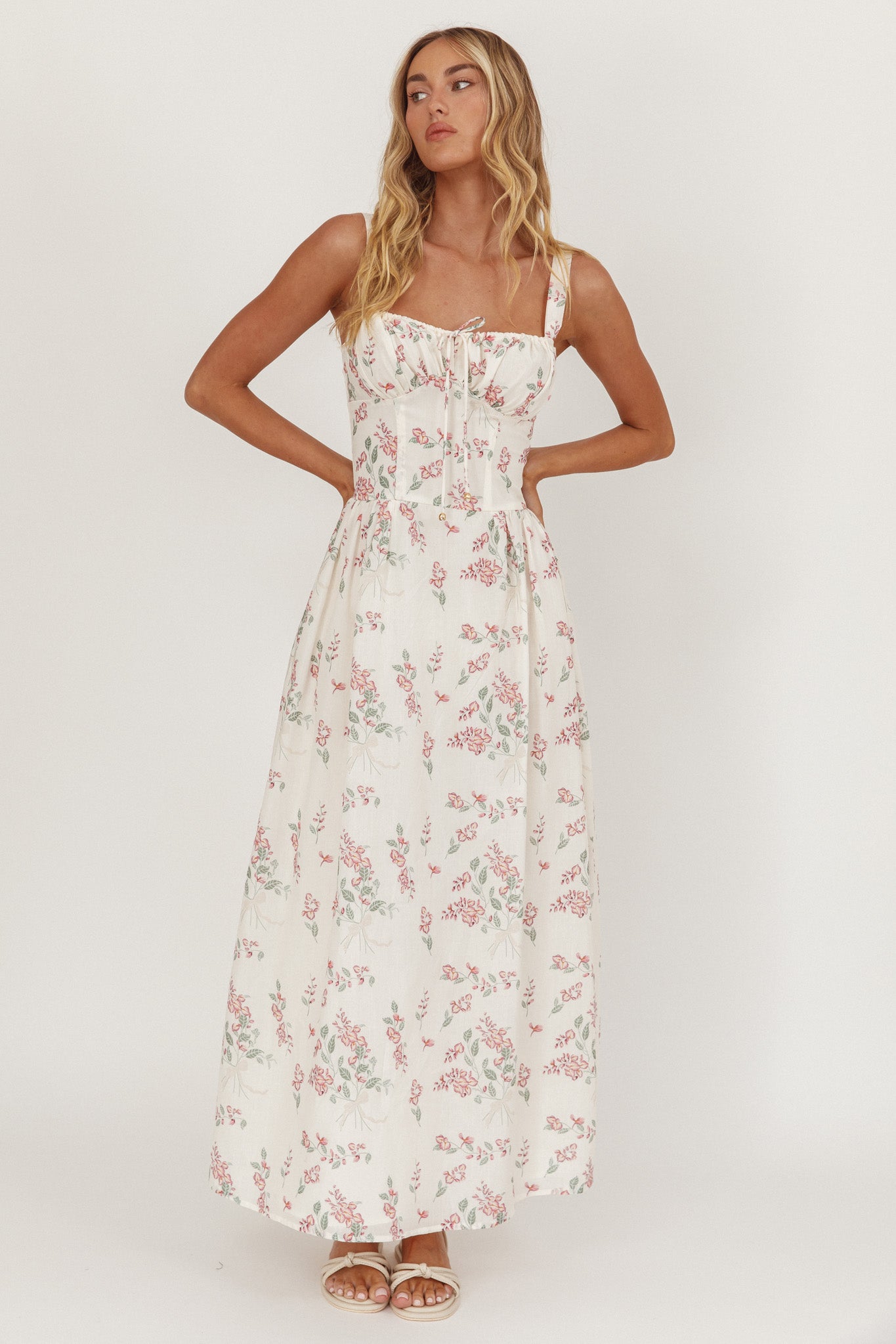Seen The Light Tie Bust Maxi Dress Floral Cream/Pink by Selfie Leslie Australia