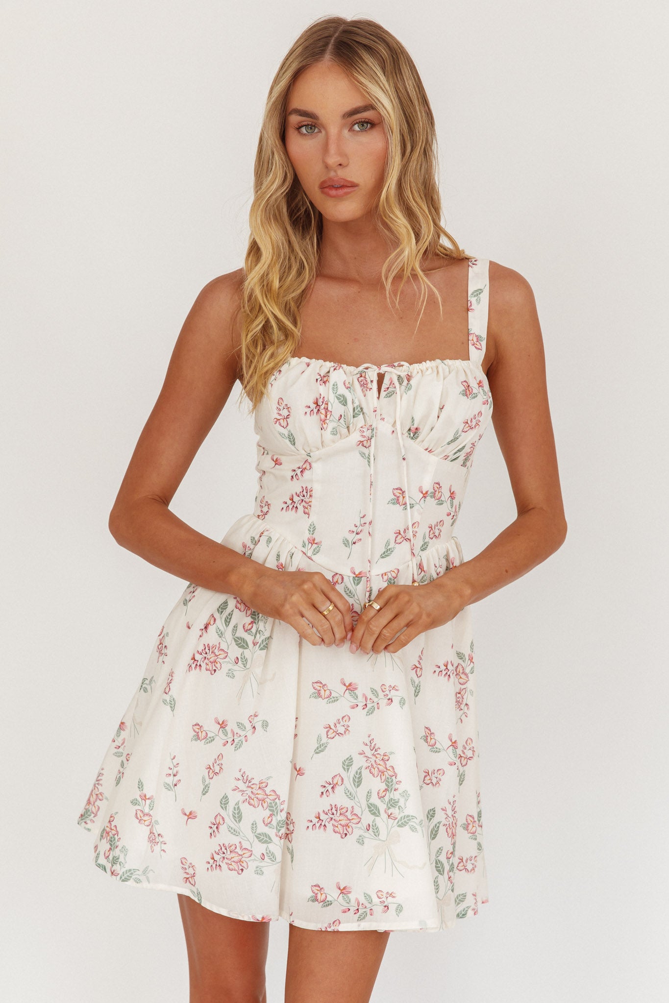 Seen The Light Tie Bust Mini Dress Floral Cream by Selfie Leslie Australia