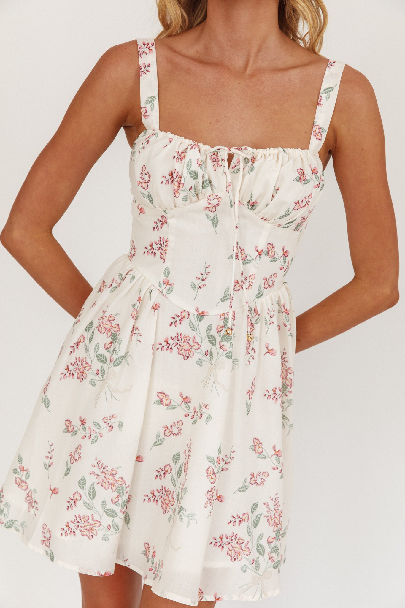 Seen The Light Tie Bust Mini Dress Floral Cream by Selfie Leslie Australia