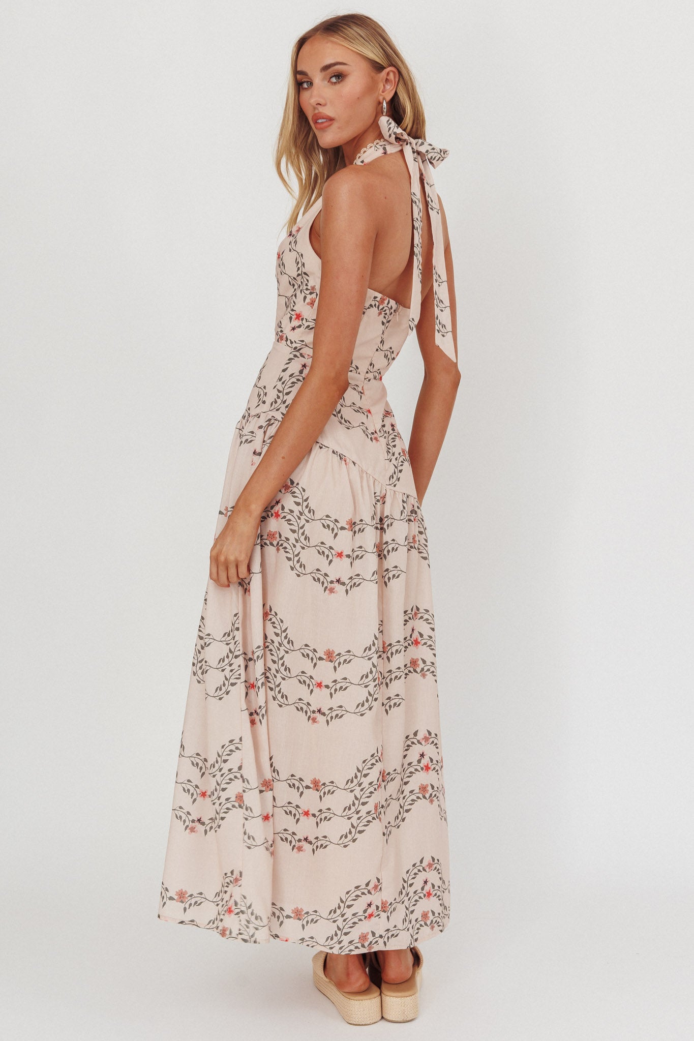 Saint Malo Halterneck Maxi Dress Floral Beige by Selfie Leslie Australia