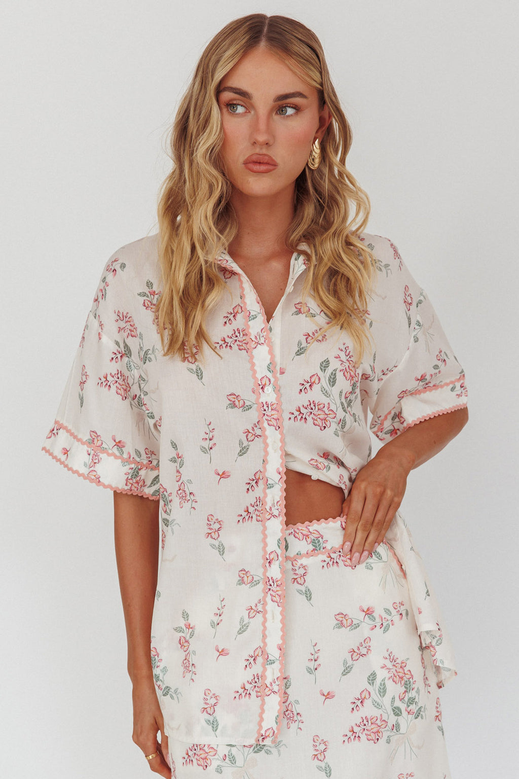 Catherina Ric-Rac Trim Button-Up Shirt Floral Pink by Selfie Leslie Australia