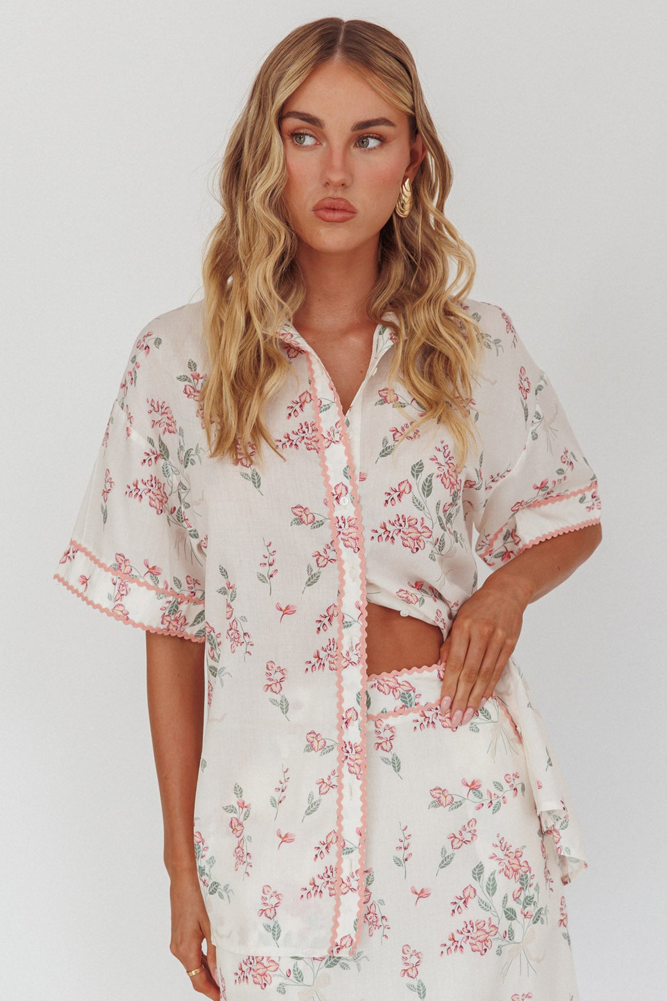 Catherina Ric-Rac Trim Button-Up Shirt Floral Pink by Selfie Leslie Australia