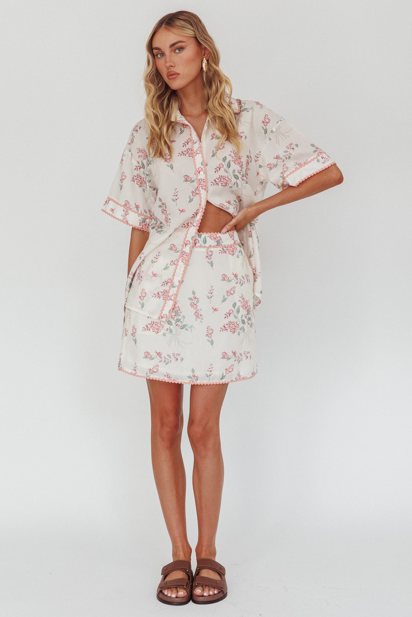 Catherina Ric-Rac Trim Button-Up Shirt Floral Pink by Selfie Leslie Australia