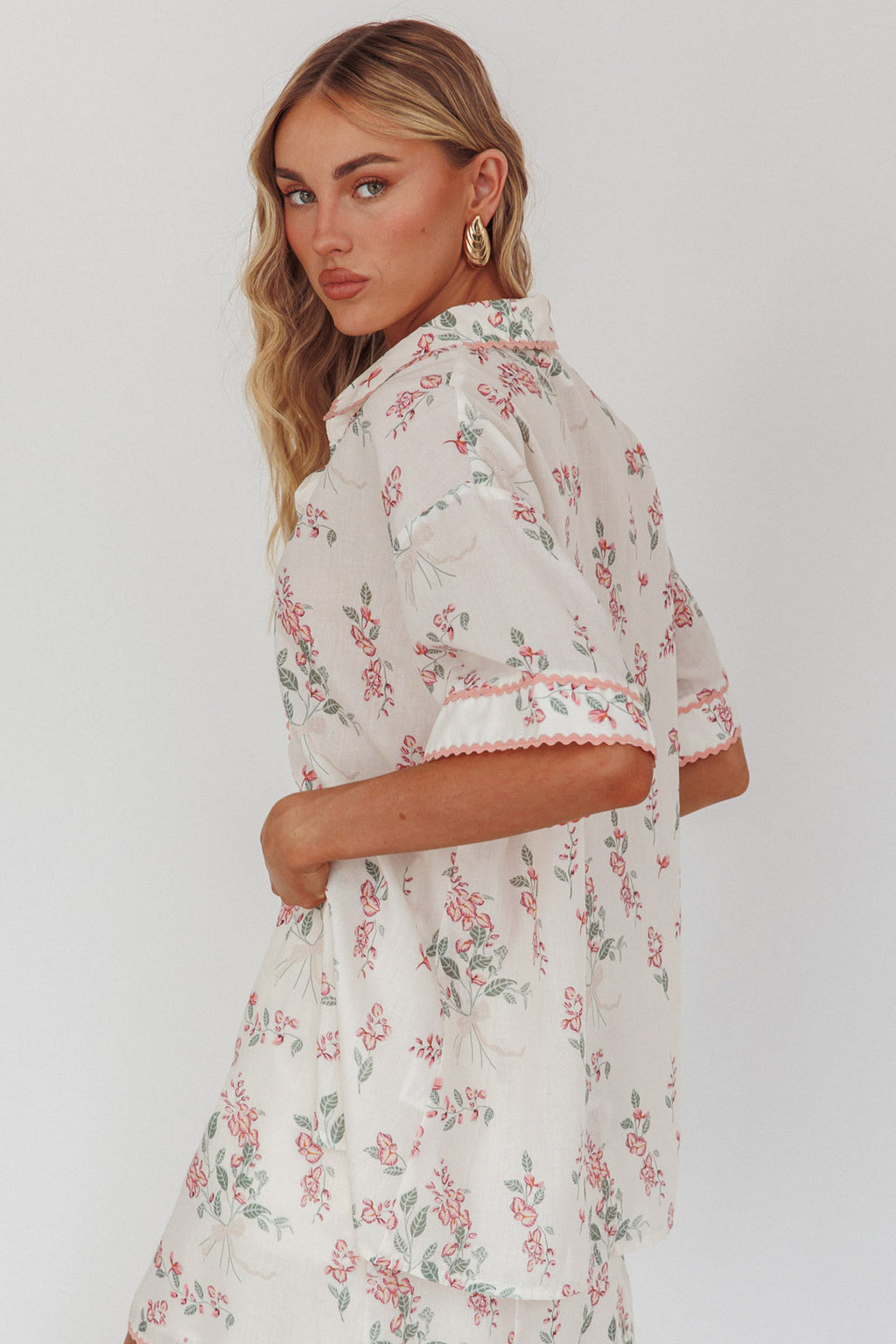 Catherina Ric-Rac Trim Button-Up Shirt Floral Pink by Selfie Leslie Australia