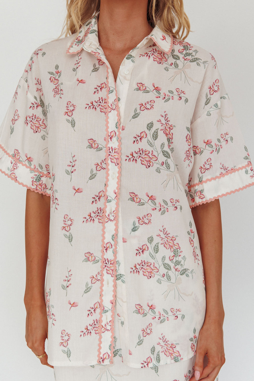 Catherina Ric-Rac Trim Button-Up Shirt Floral Pink by Selfie Leslie Australia
