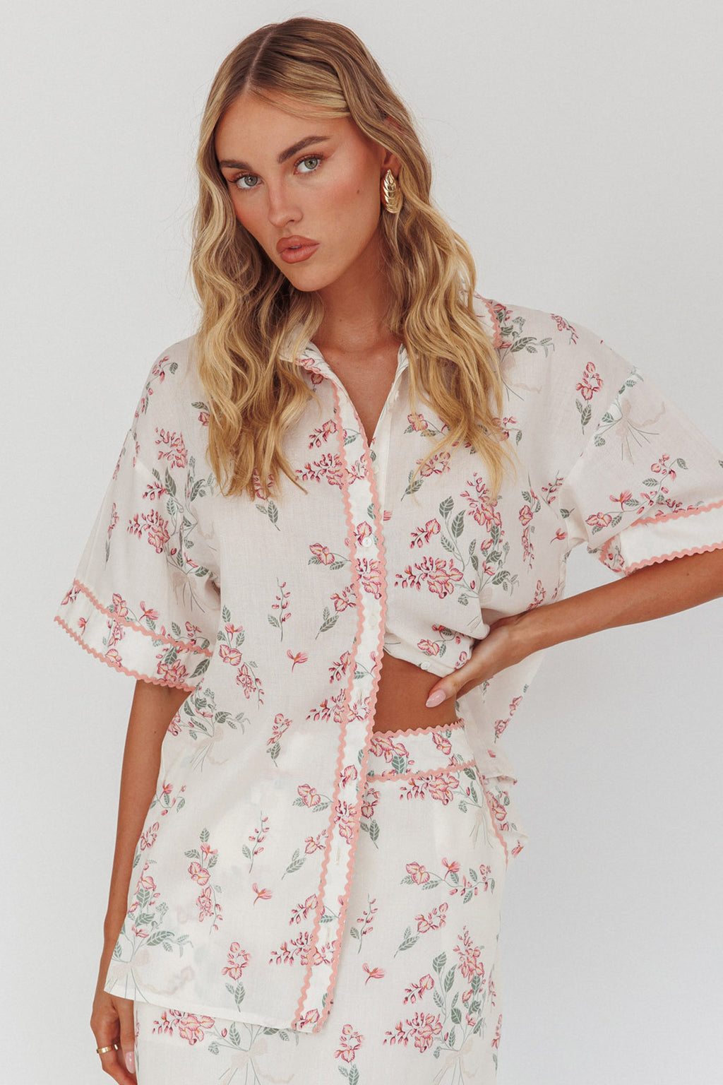 Catherina Ric-Rac Trim Button-Up Shirt Floral Pink by Selfie Leslie Australia