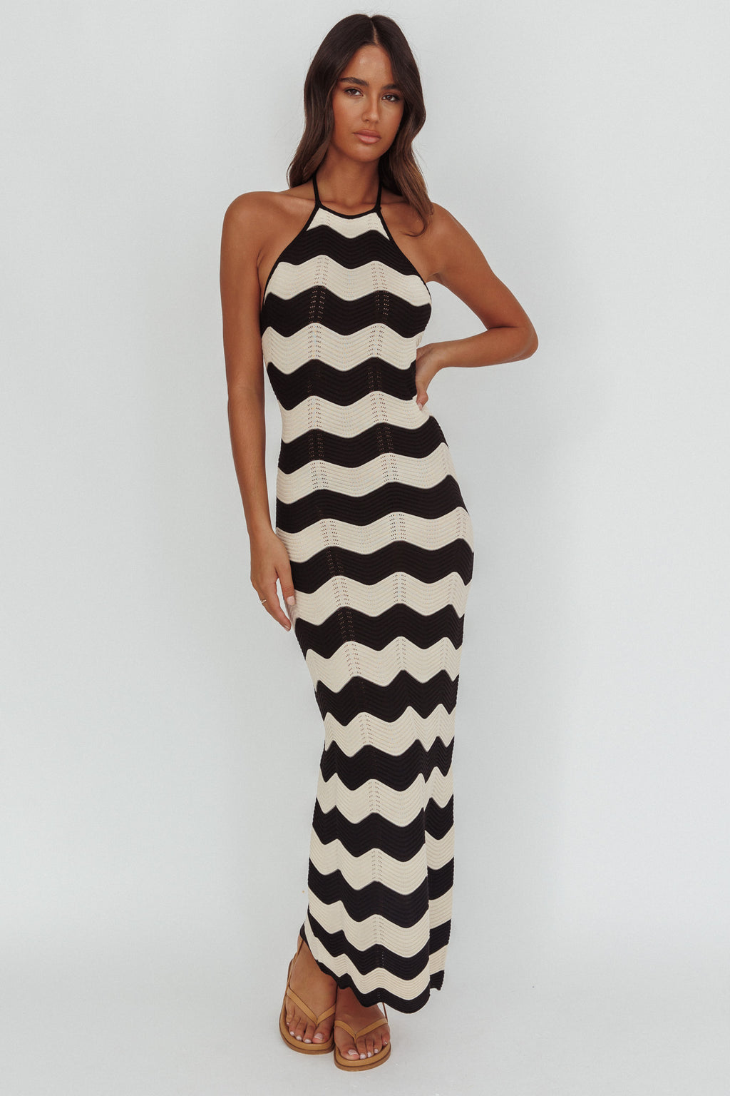Yelena Halter Neck Knit  Maxi Dress Zig-Zag Cream by Selfie Leslie Australia