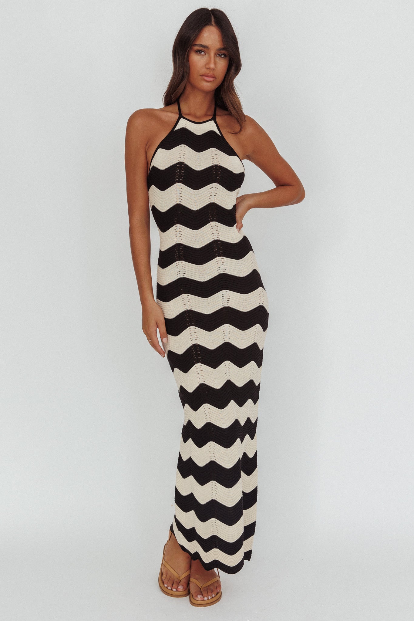 Yelena Halter Neck Knit  Maxi Dress Zig-Zag Cream by Selfie Leslie Australia