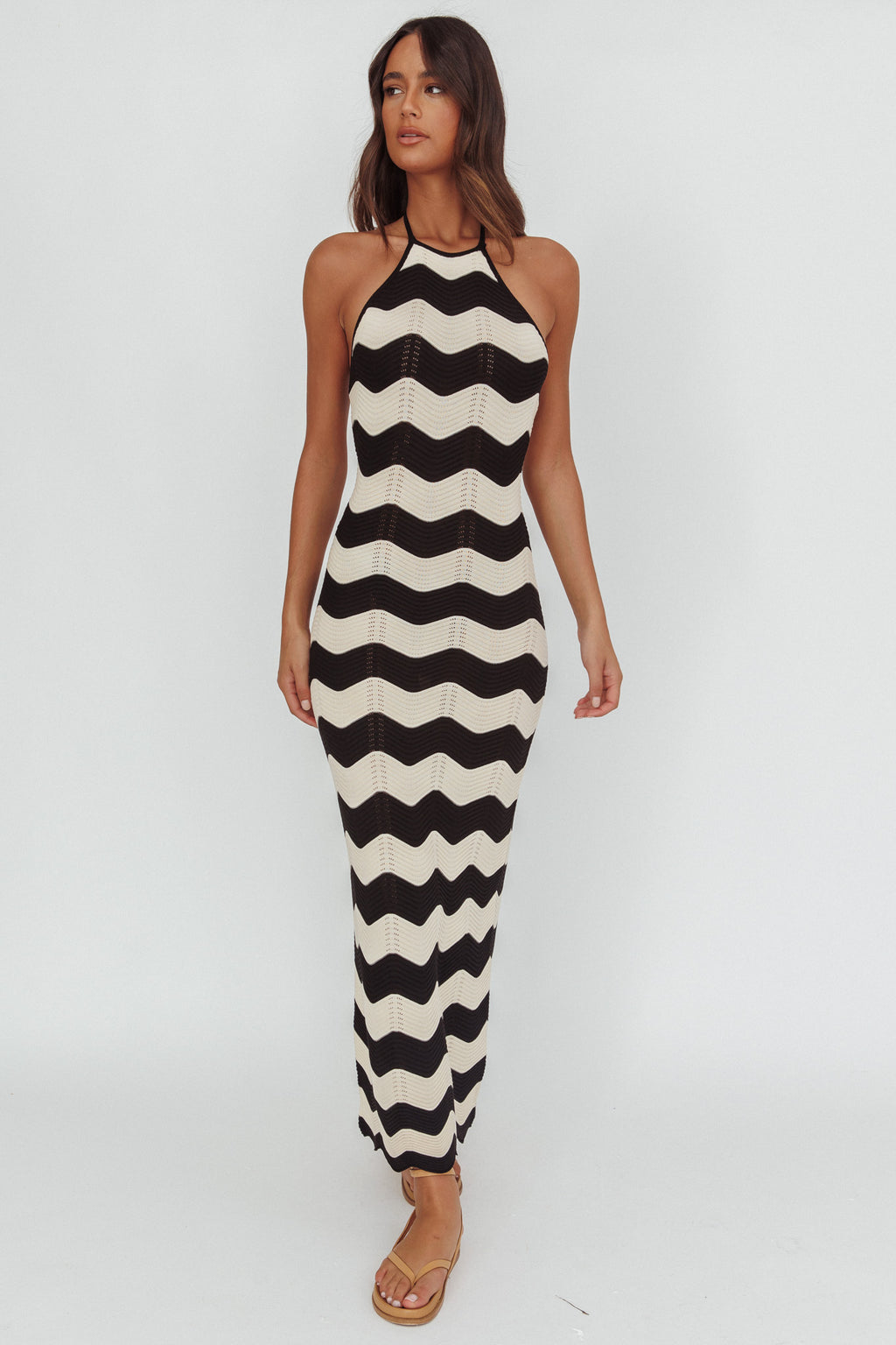Yelena Halter Neck Knit  Maxi Dress Zig-Zag Cream by Selfie Leslie Australia