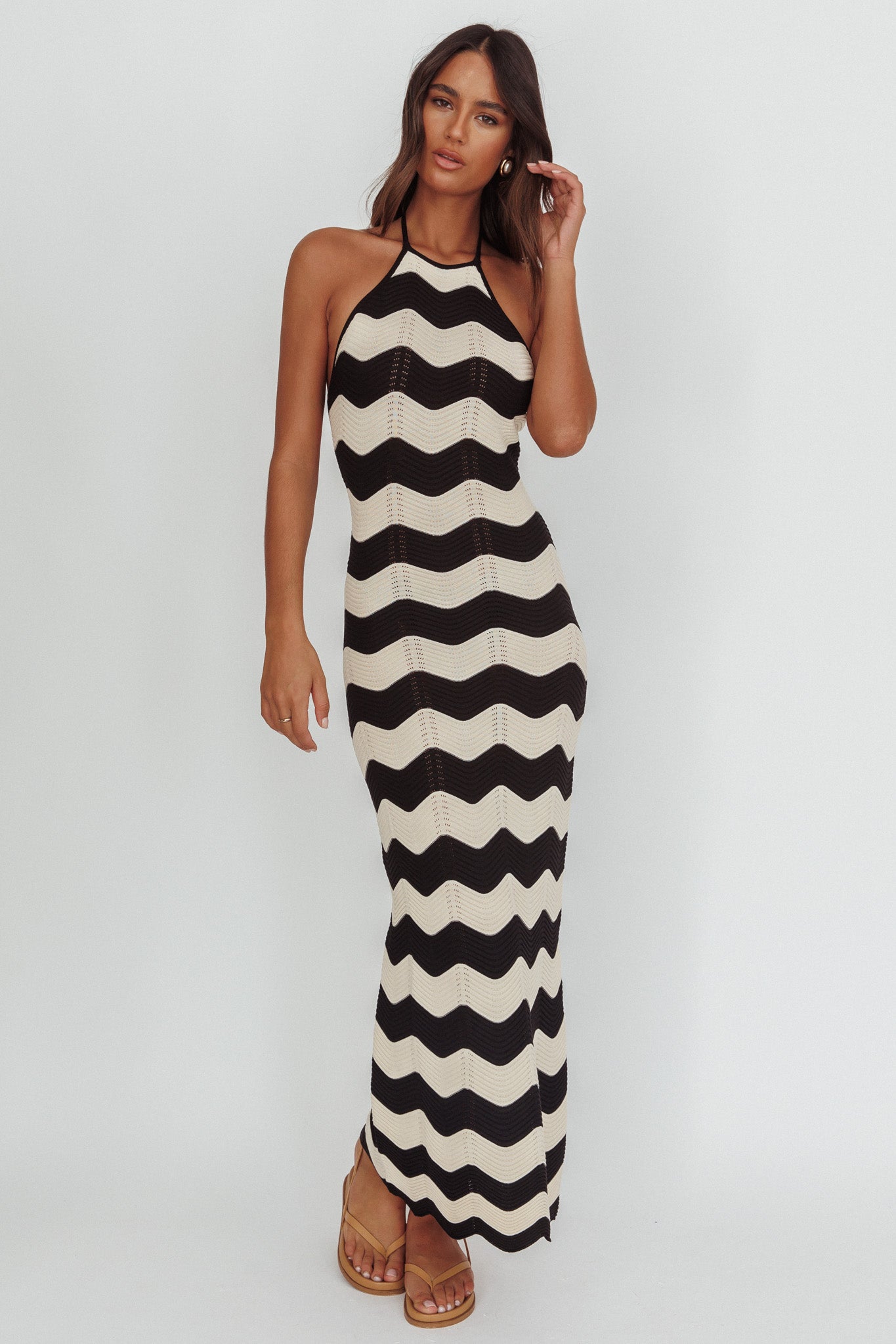 Yelena Halter Neck Knit  Maxi Dress Zig-Zag Cream by Selfie Leslie Australia