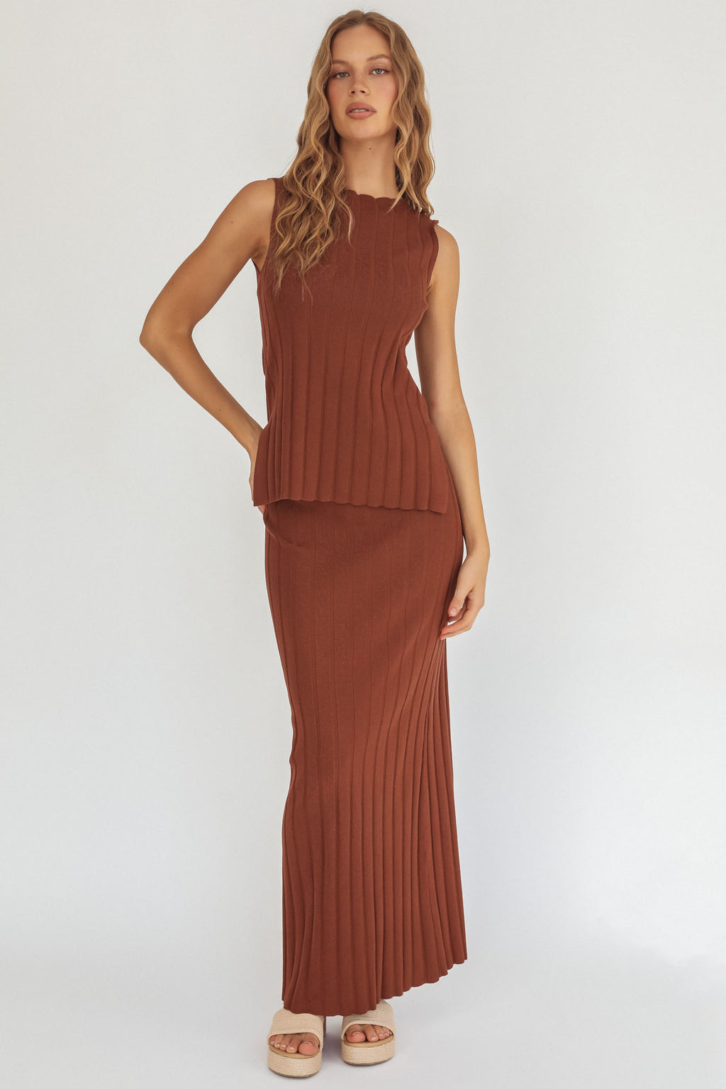 Kimora Ribbed Knit Maxi Skirt Brown by Selfie Leslie Australia