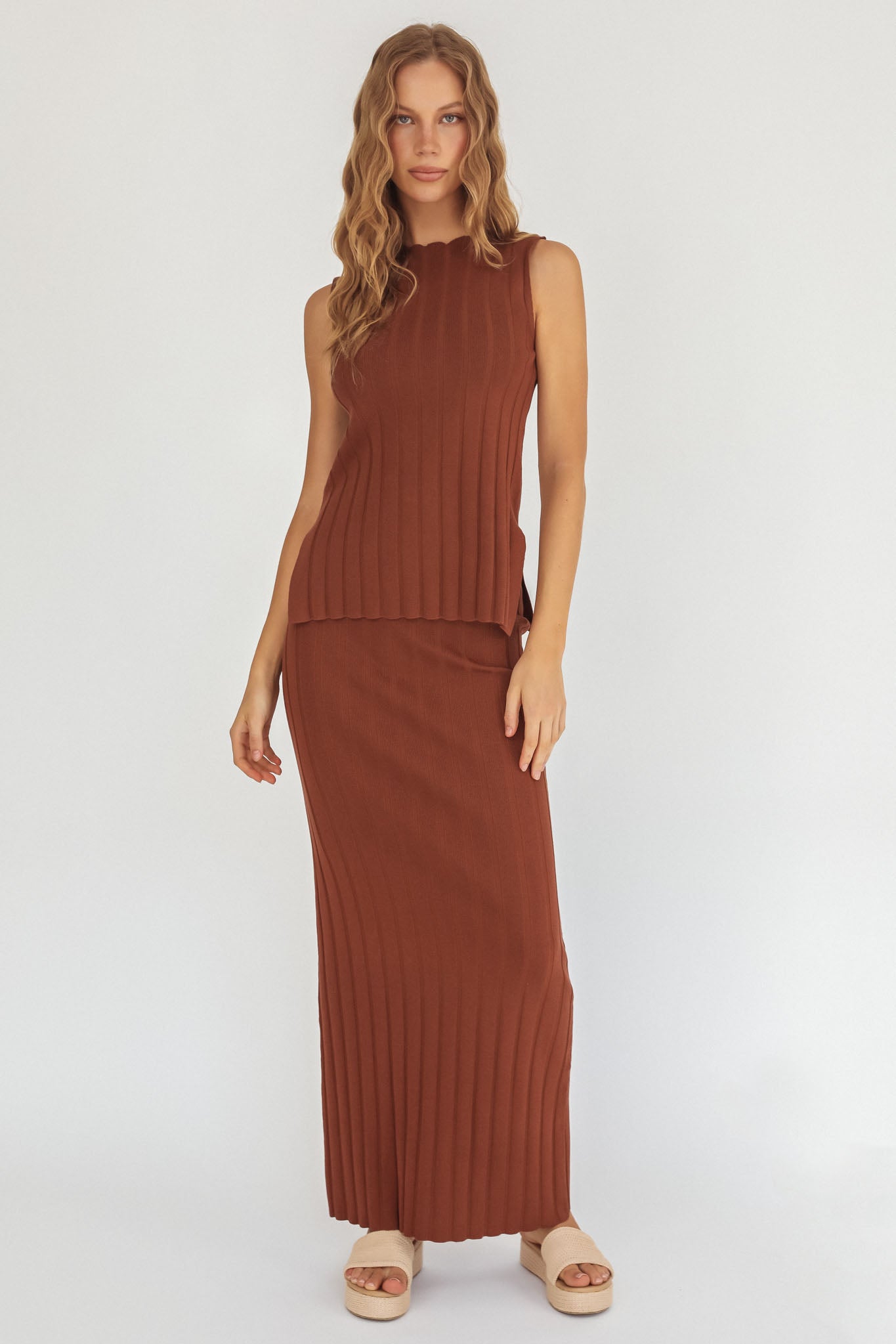 Kimora Ribbed Knit Maxi Skirt Brown by Selfie Leslie Australia