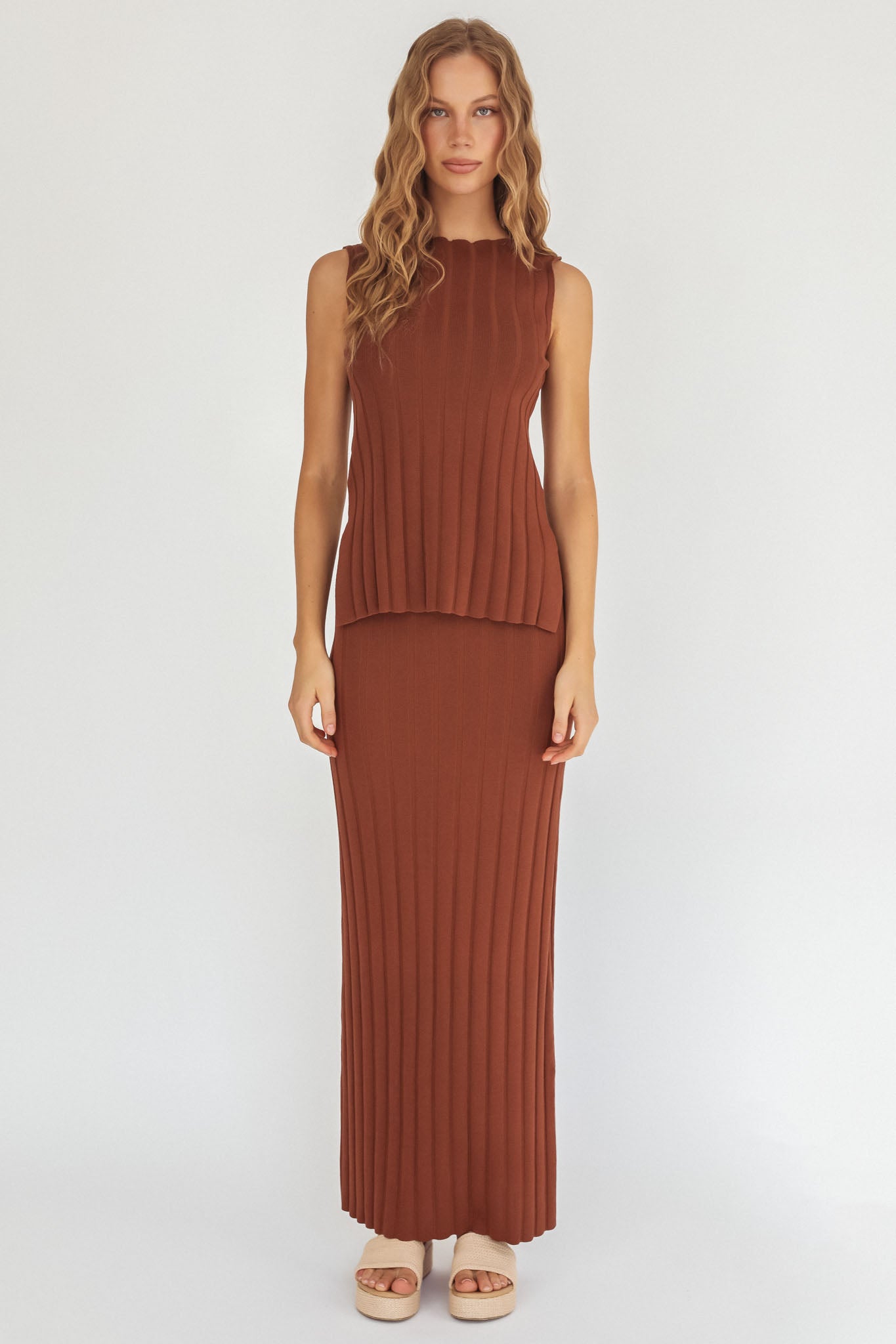 Kimora Ribbed Knit Maxi Skirt Brown by Selfie Leslie Australia