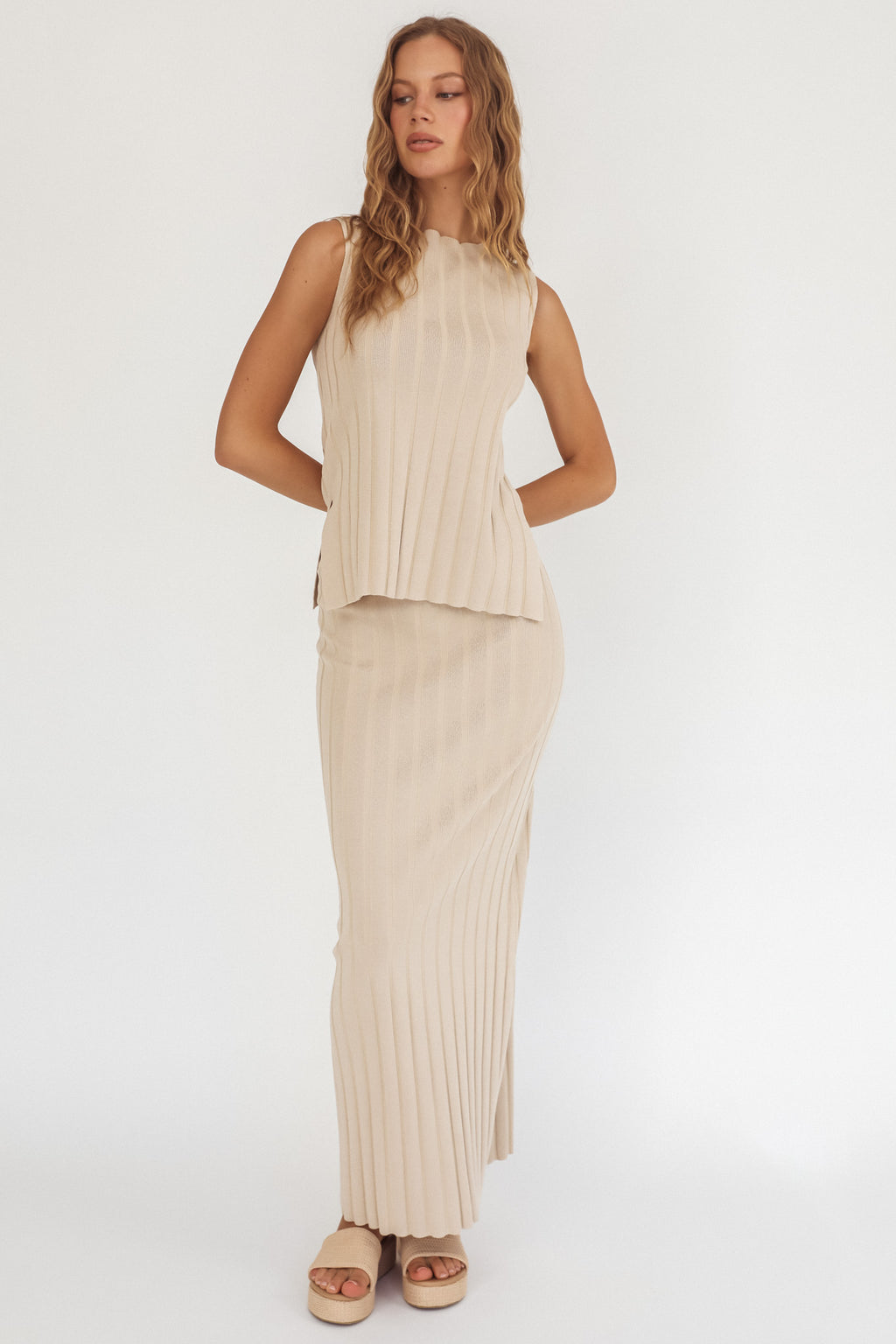 Kimora Ribbed Knit Maxi Skirt Sand by Selfie Leslie Australia