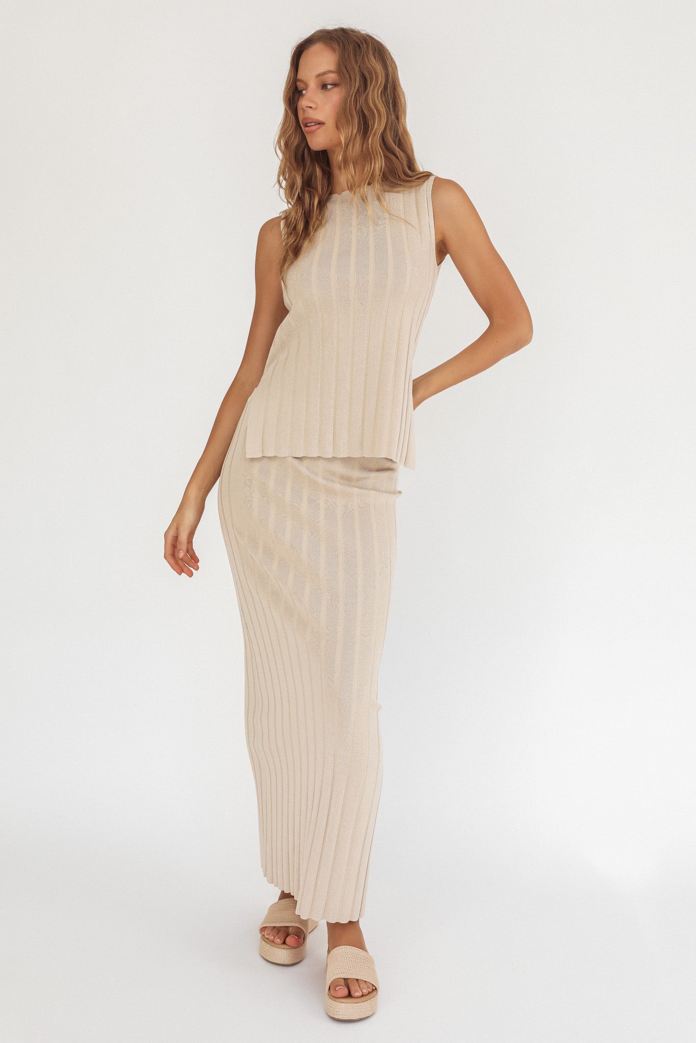 Kimora Ribbed Knit Maxi Skirt Sand by Selfie Leslie Australia