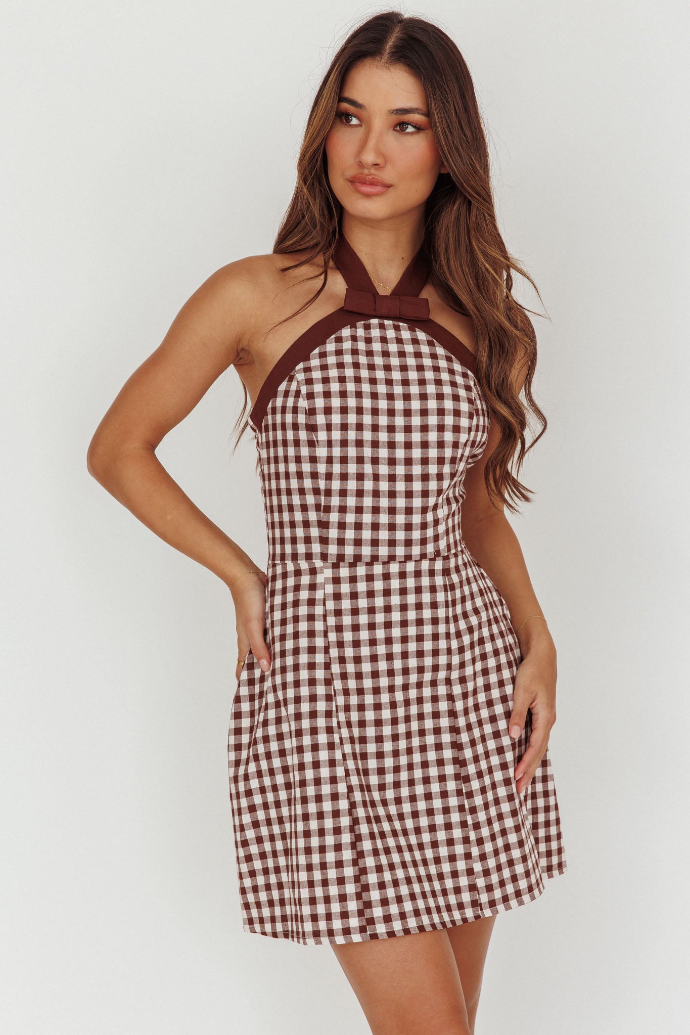 Lady Bow Halterneck Mini Dress Plaid Brown by Selfie Leslie Australia