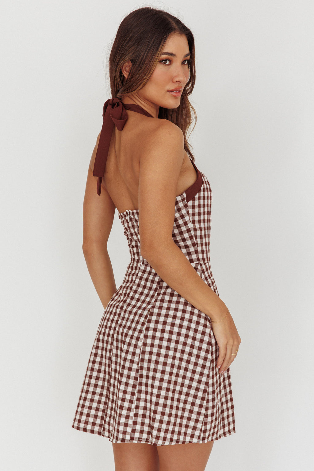 Lady Bow Halterneck Mini Dress Plaid Brown by Selfie Leslie Australia
