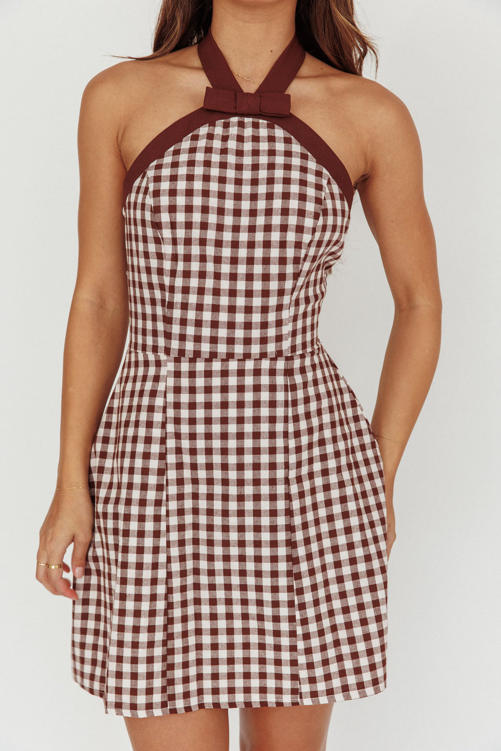 Lady Bow Halterneck Mini Dress Plaid Brown by Selfie Leslie Australia