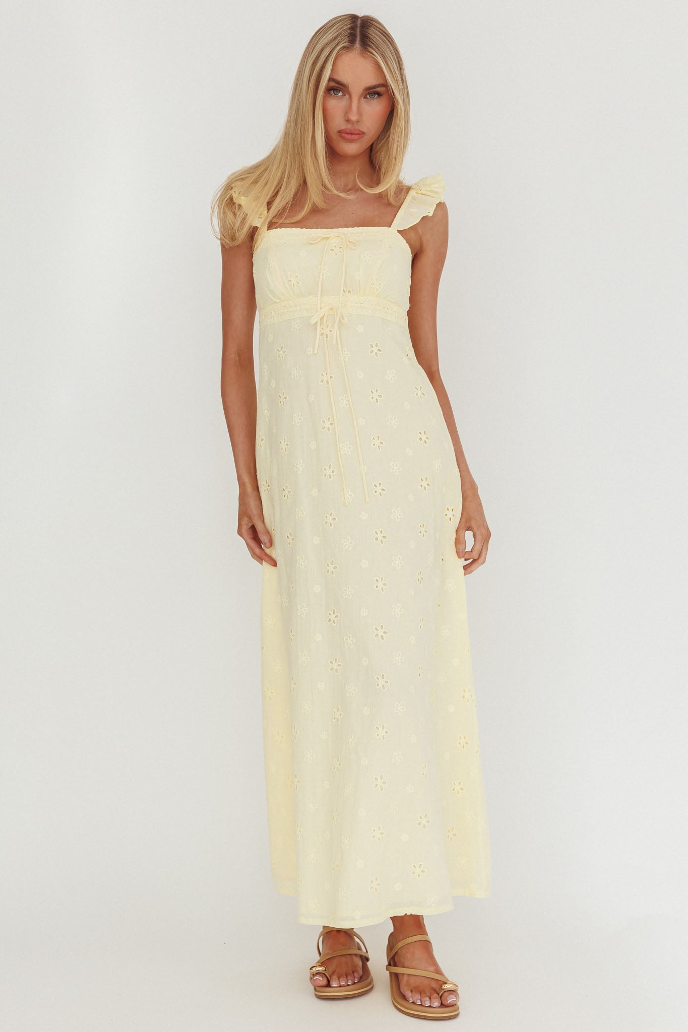 Zimmer Eyelet Frill Strap Maxi Dress Butter by Selfie Leslie Australia
