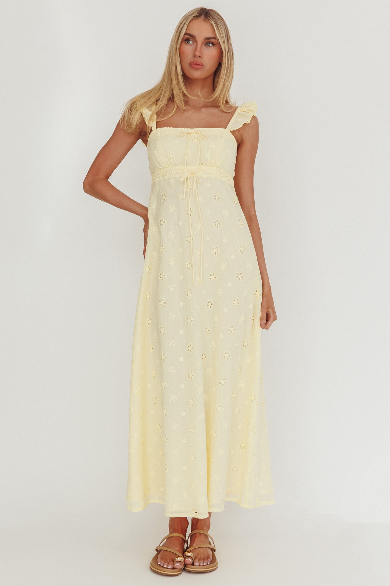 Zimmer Eyelet Frill Strap Maxi Dress Butter by Selfie Leslie Australia