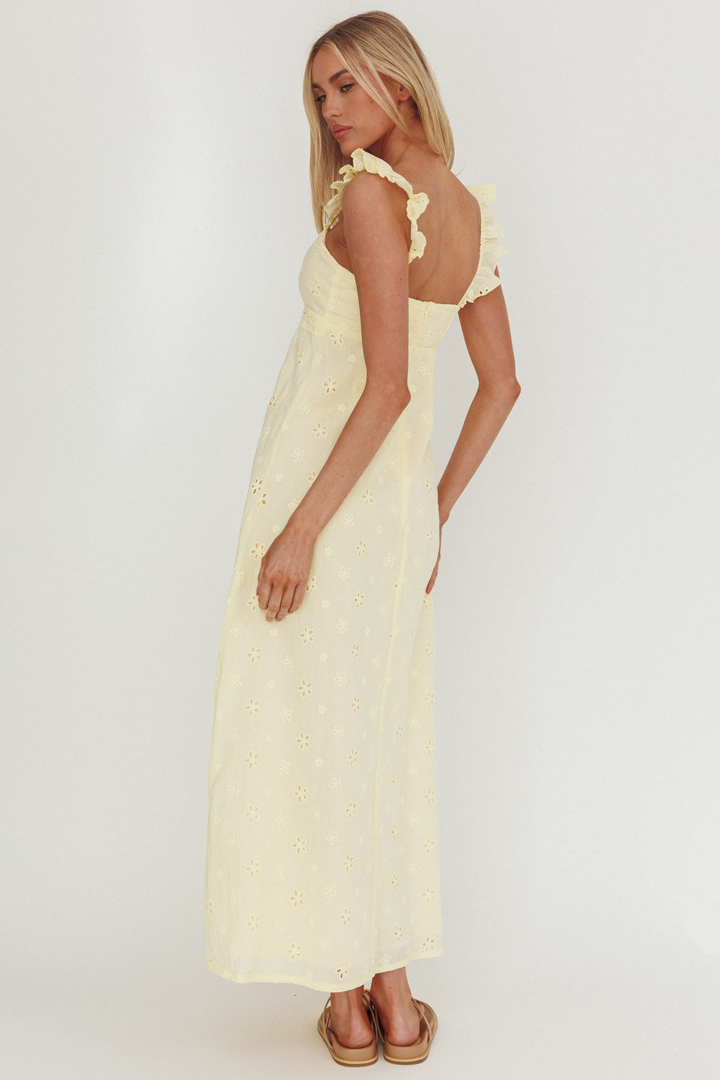 Zimmer Eyelet Frill Strap Maxi Dress Butter by Selfie Leslie Australia