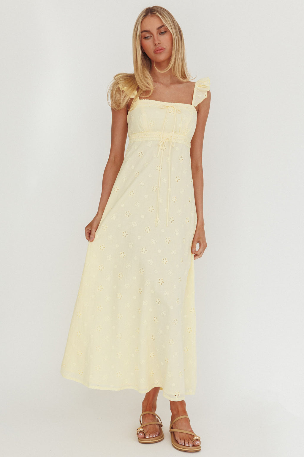 Zimmer Eyelet Frill Strap Maxi Dress Butter by Selfie Leslie Australia