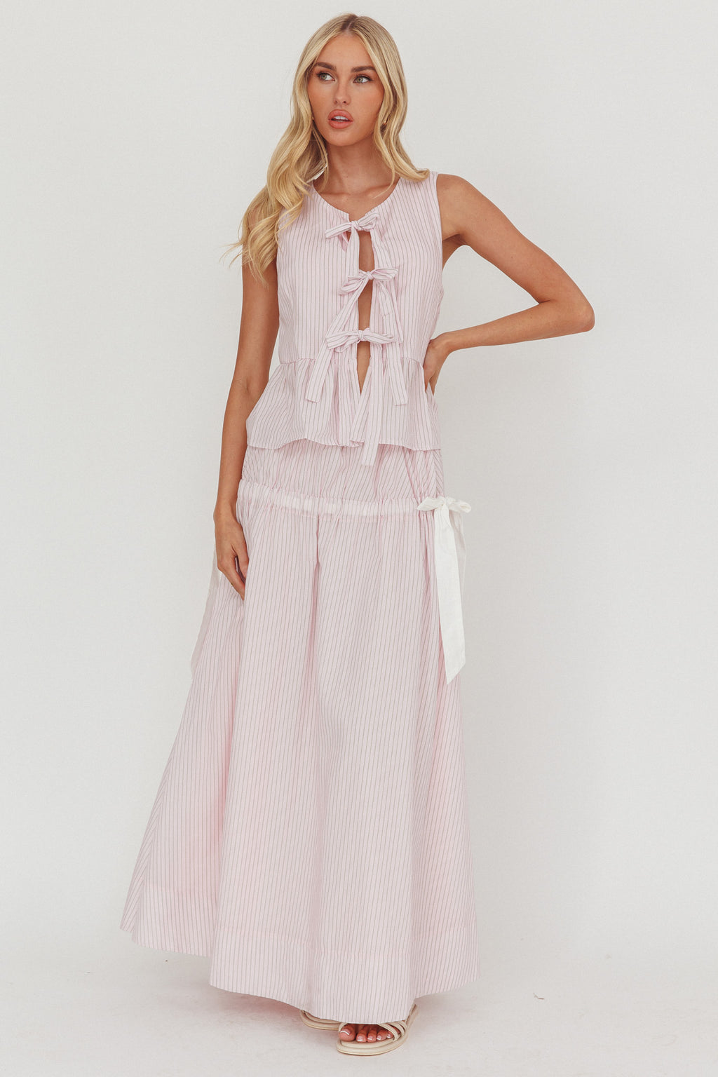 Salty Sea Side Bow Maxi Skirt Blush Stripe by Selfie Leslie Australia