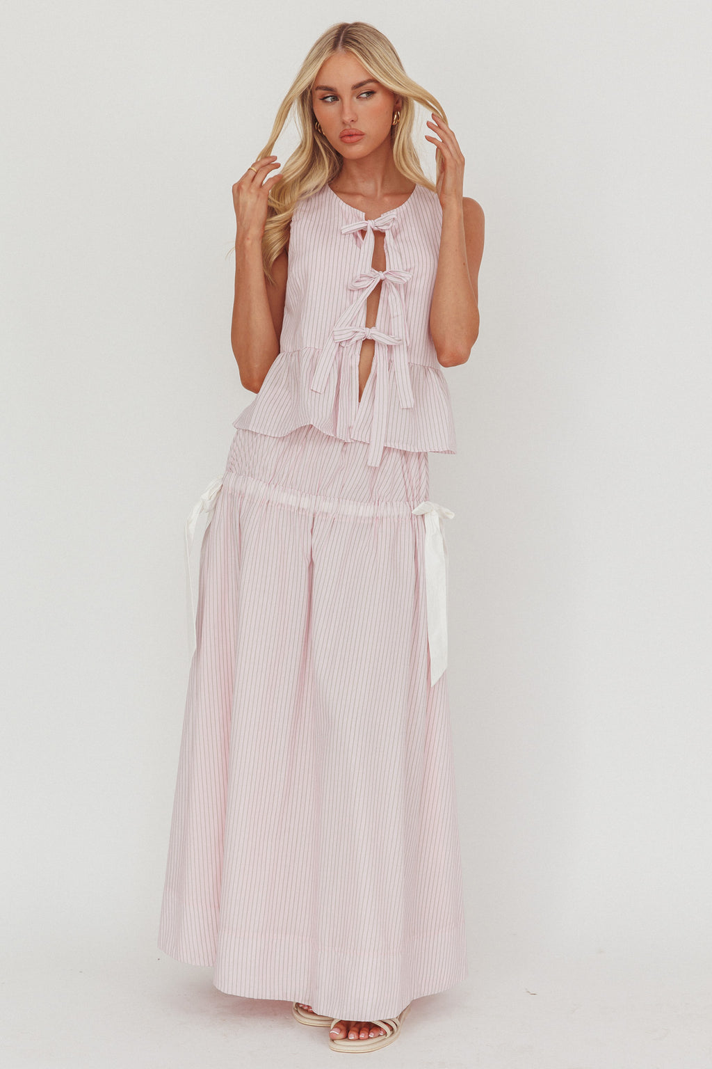 Salty Sea Side Bow Maxi Skirt Blush Stripe by Selfie Leslie Australia