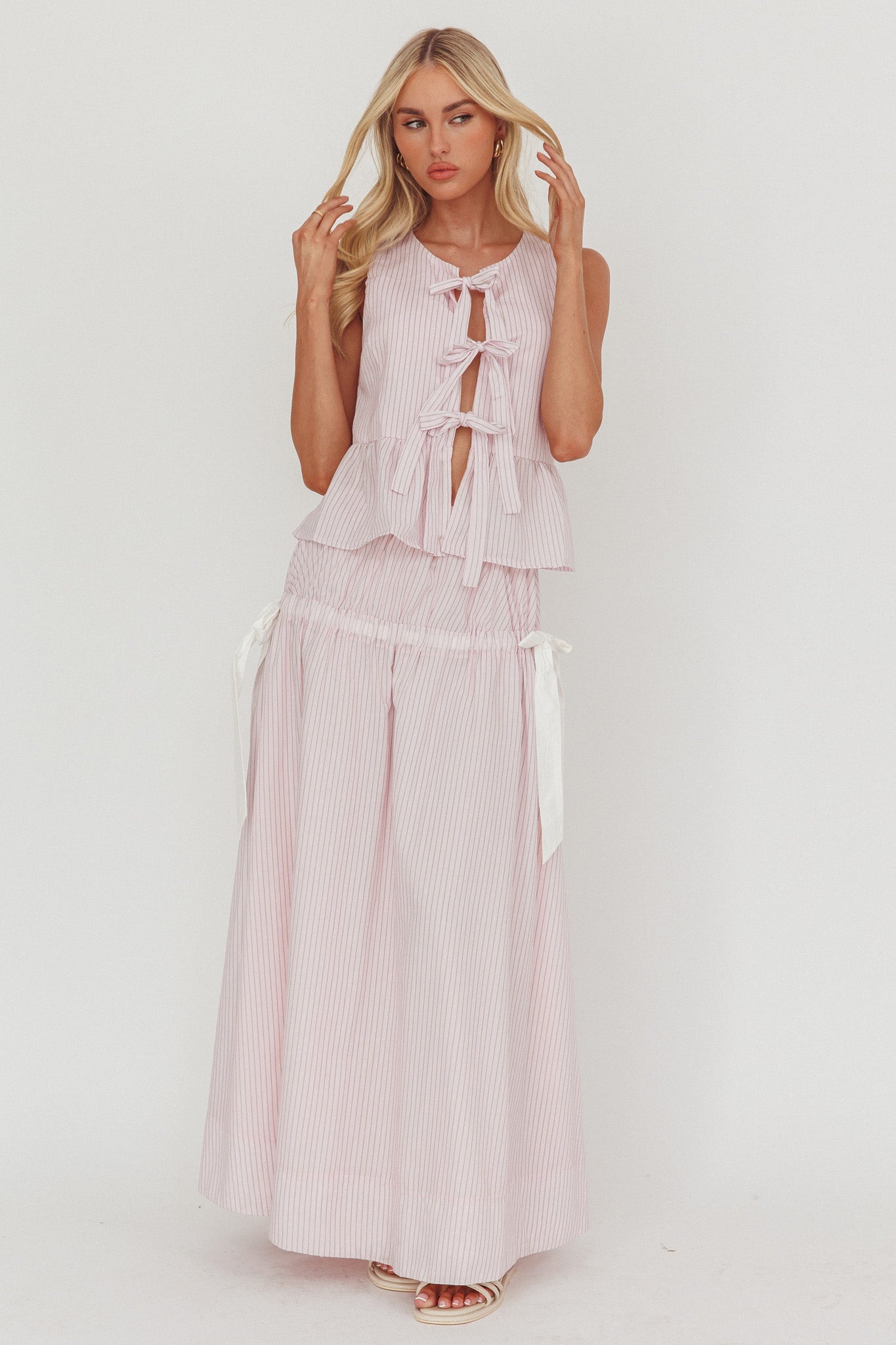 Salty Sea Side Bow Maxi Skirt Blush Stripe by Selfie Leslie Australia
