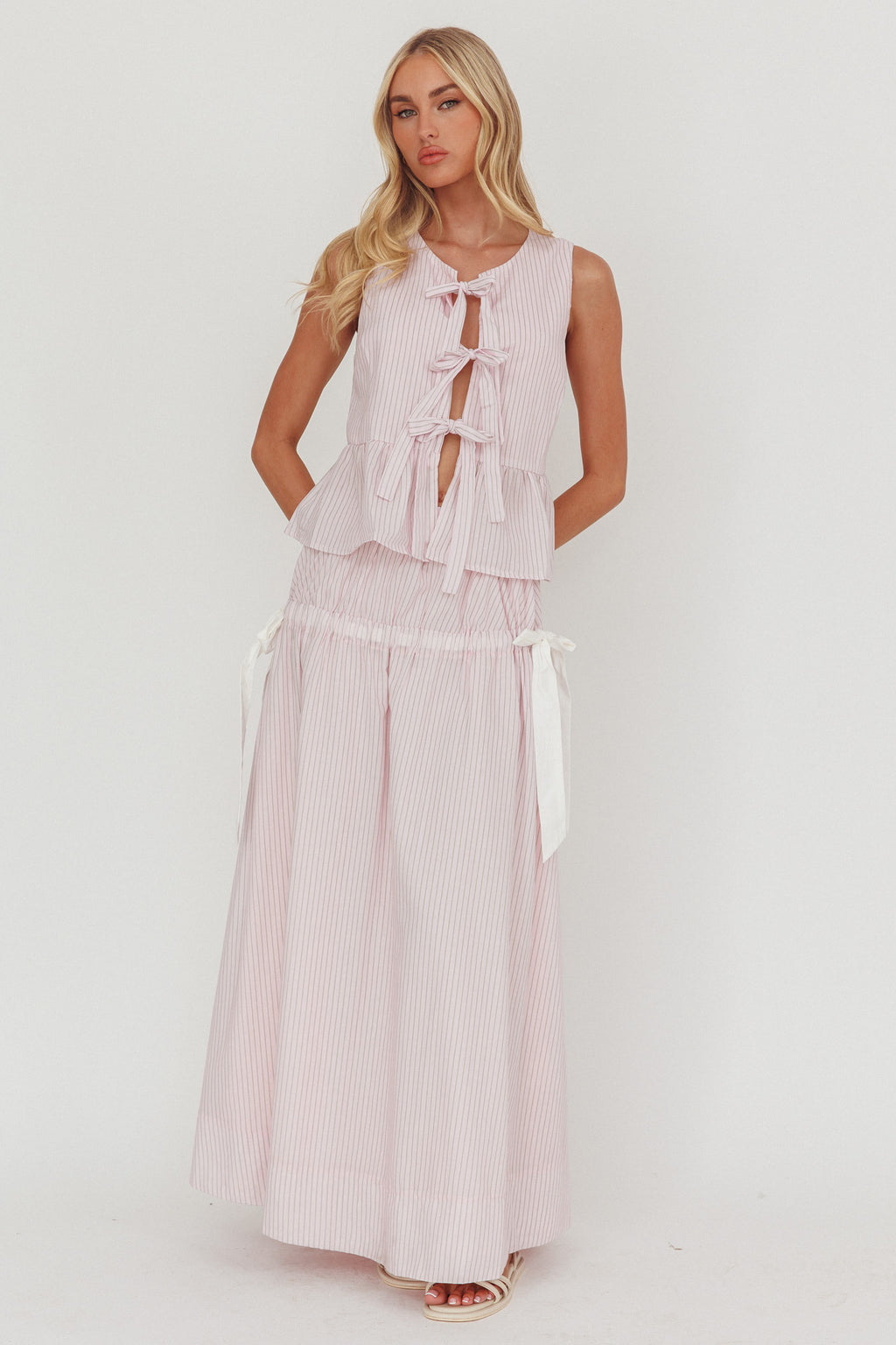 Salty Sea Side Bow Maxi Skirt Blush Stripe by Selfie Leslie Australia