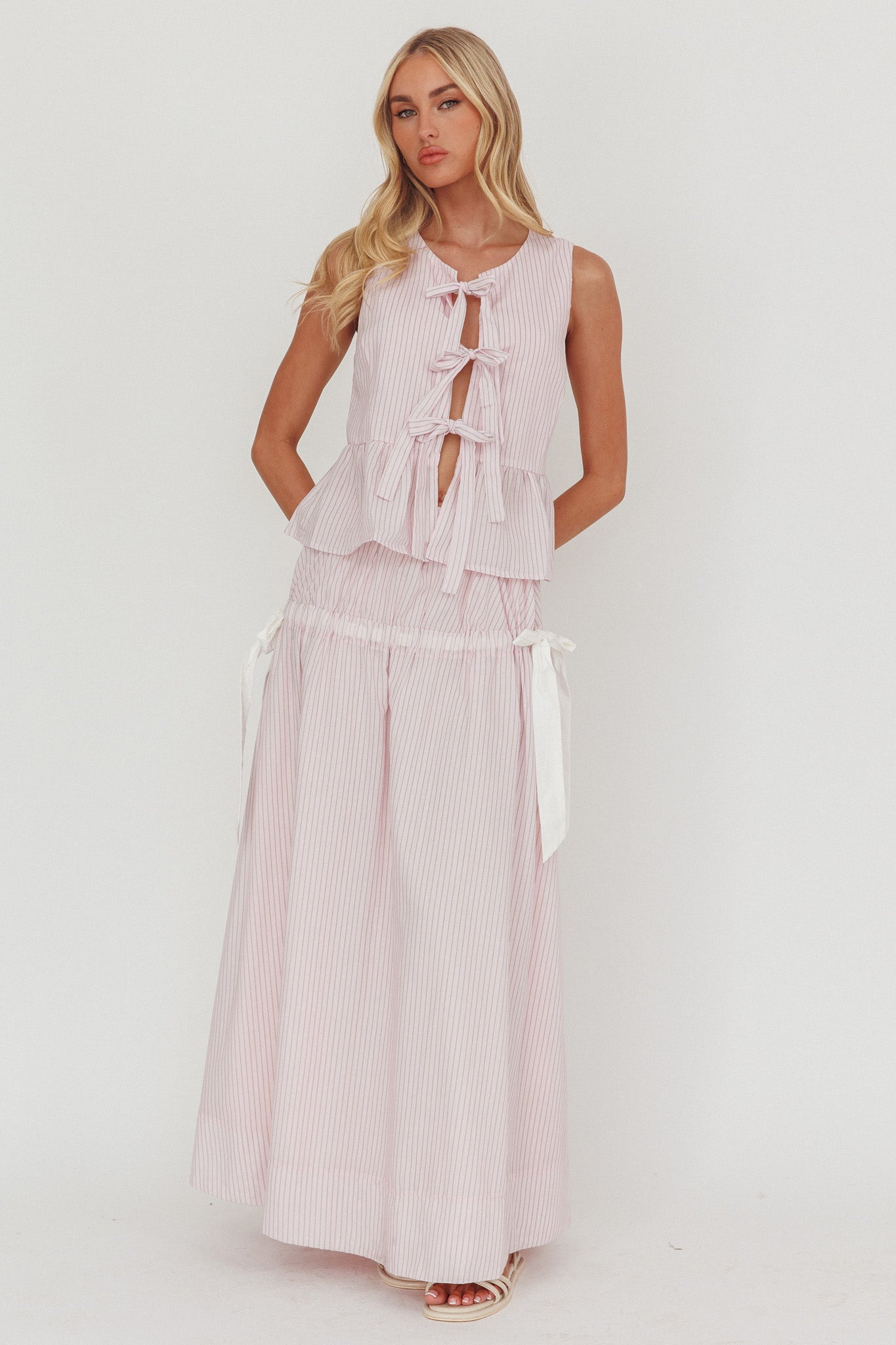 Salty Sea Side Bow Maxi Skirt Blush Stripe by Selfie Leslie Australia
