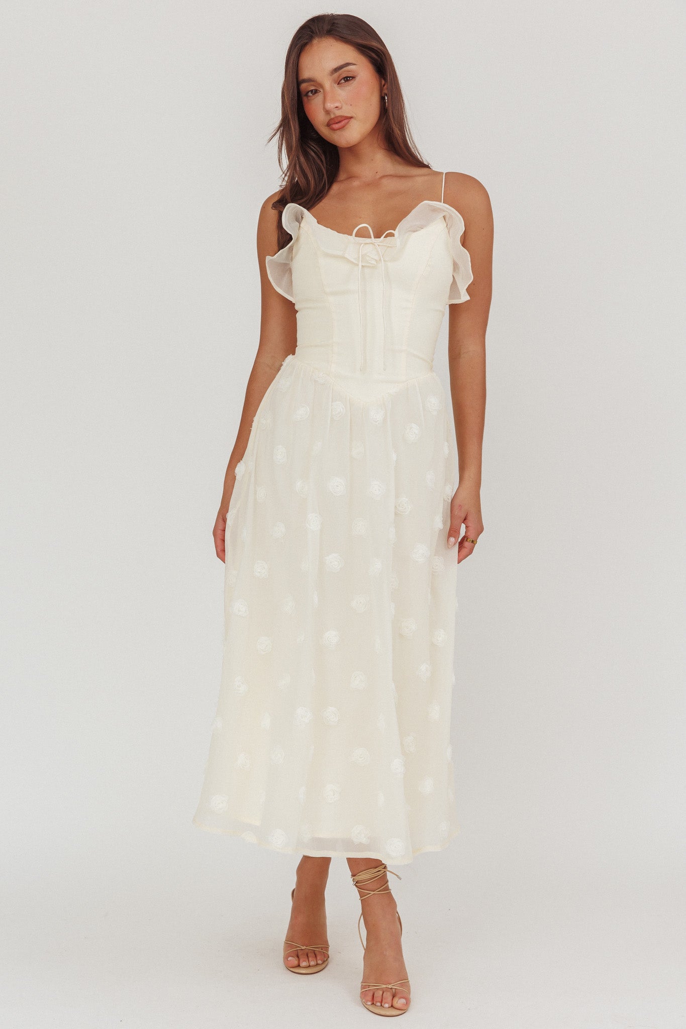 Gelati Embellished Tie Strap Midi Dress Cream by Selfie Leslie Australia