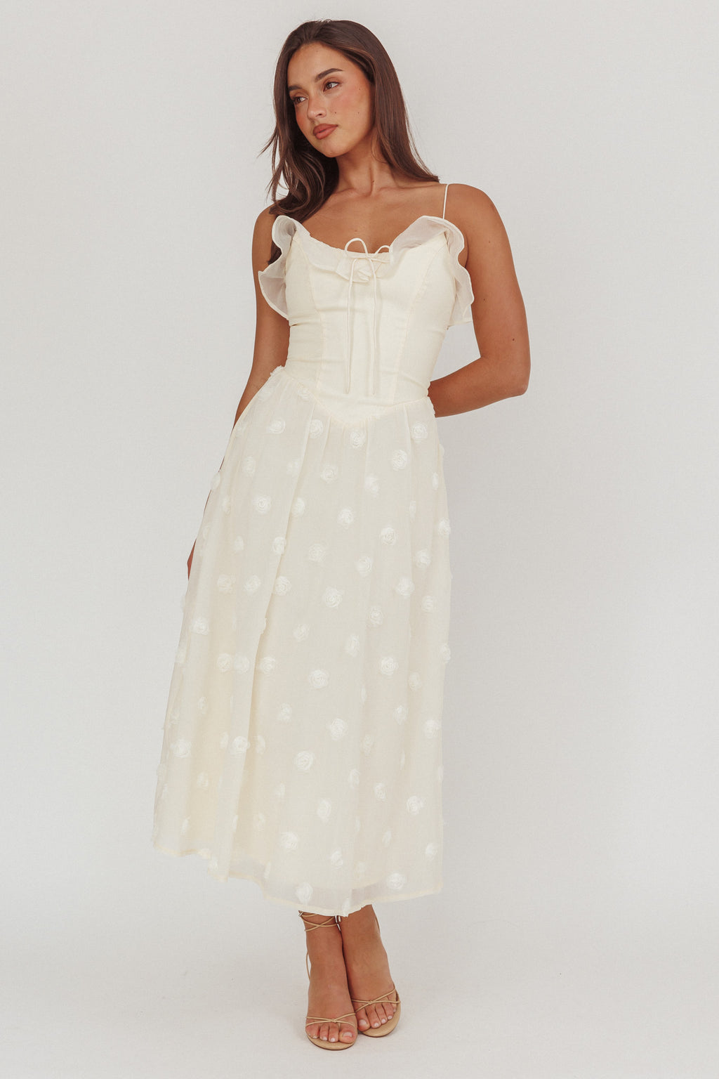 Gelati Embellished Tie Strap Midi Dress Cream by Selfie Leslie Australia