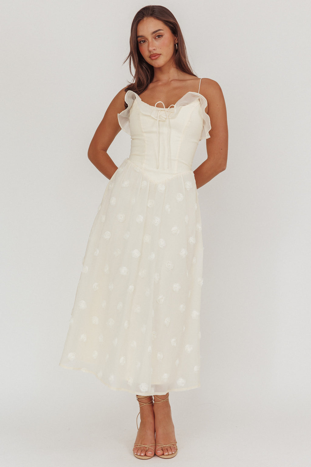 Gelati Embellished Tie Strap Midi Dress Cream by Selfie Leslie Australia
