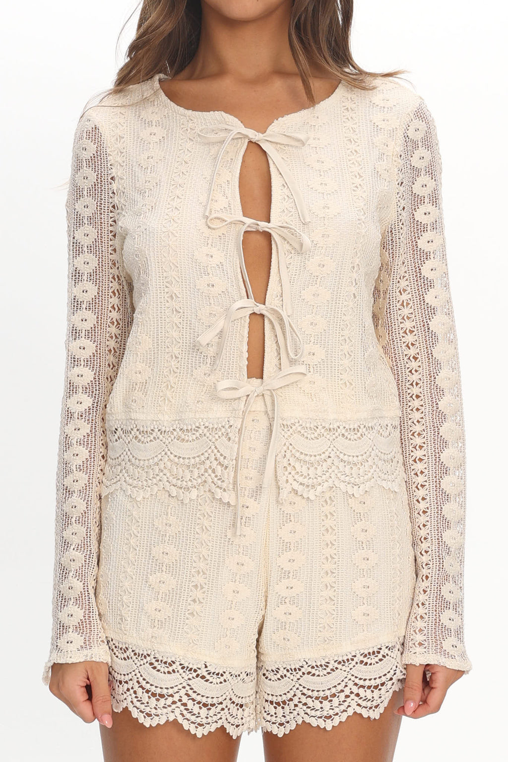 Perrine Lace Tie Front Top Oat by Selfie Leslie Australia