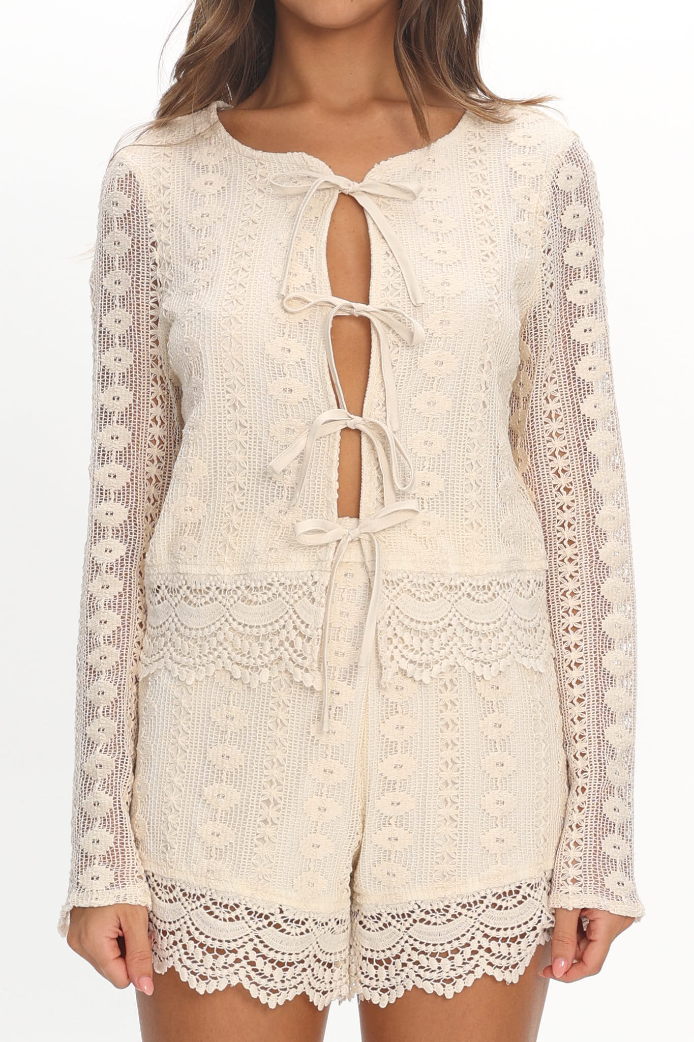 Perrine Lace Tie Front Top Oat by Selfie Leslie Australia