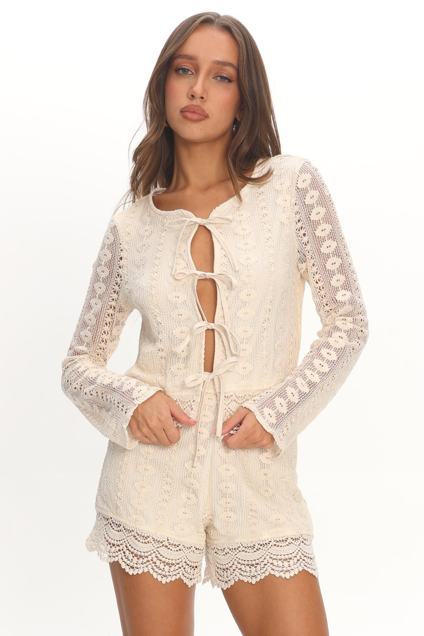 Perrine Lace Tie Front Top Oat by Selfie Leslie Australia