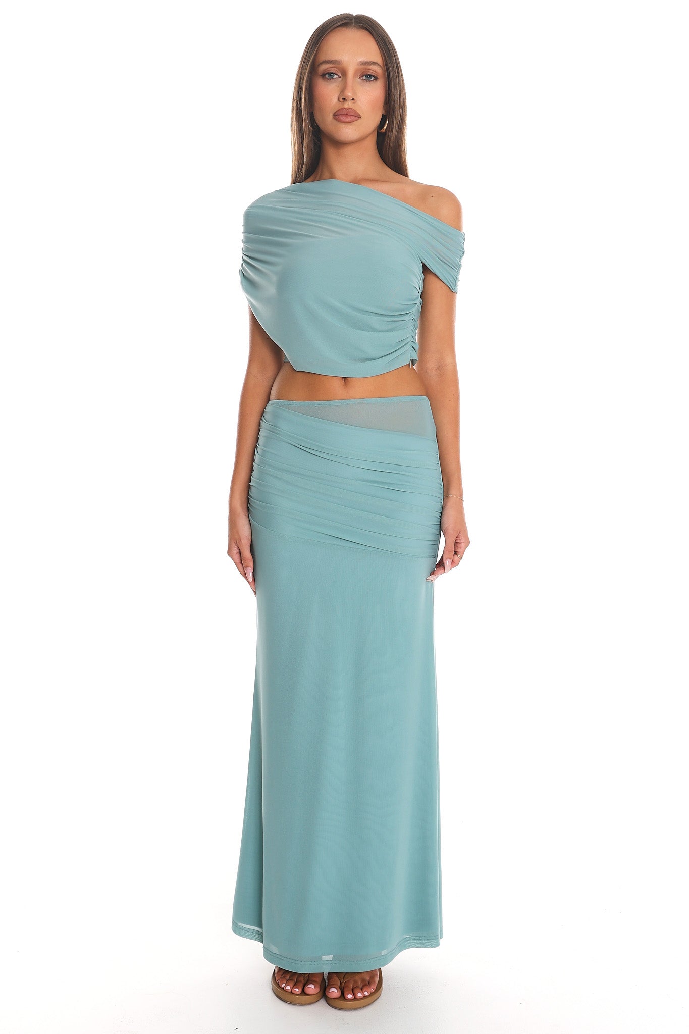 Low Tide Draped Mesh Maxi Skirt Teal