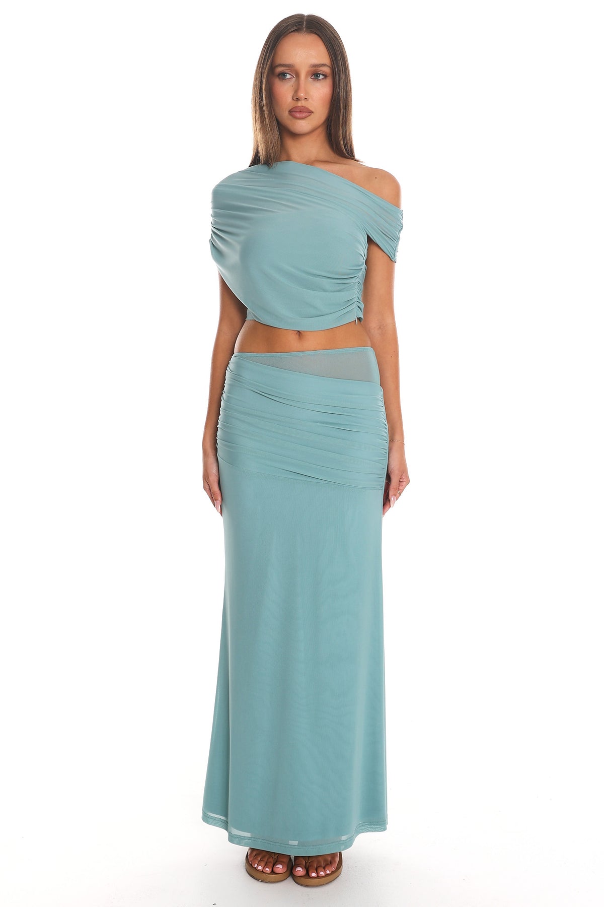 Low Tide Draped One-Shoulder Crop Top Teal