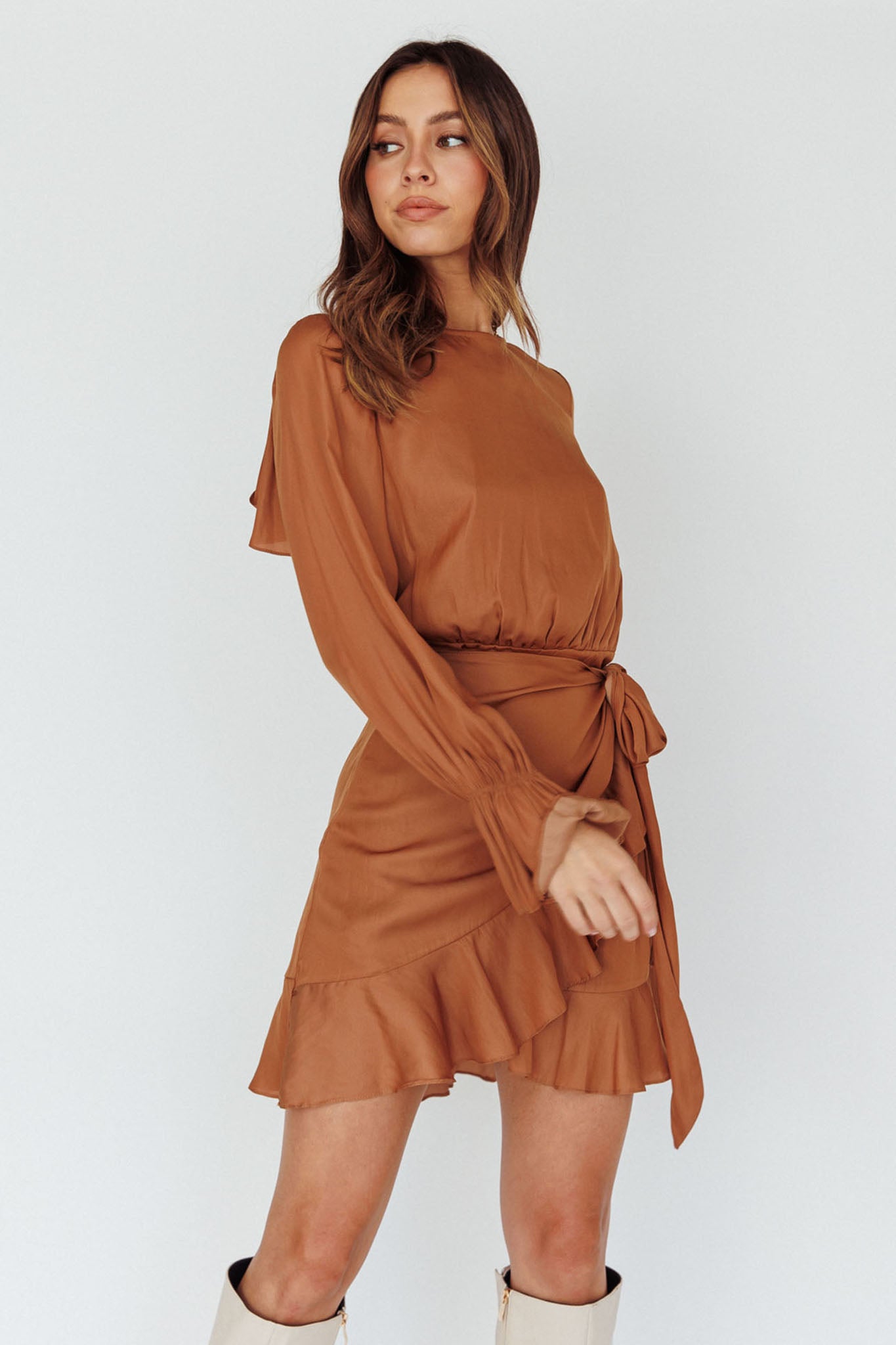 Darla Long Sleeve Satin Dress Tan by Selfie Leslie Australia