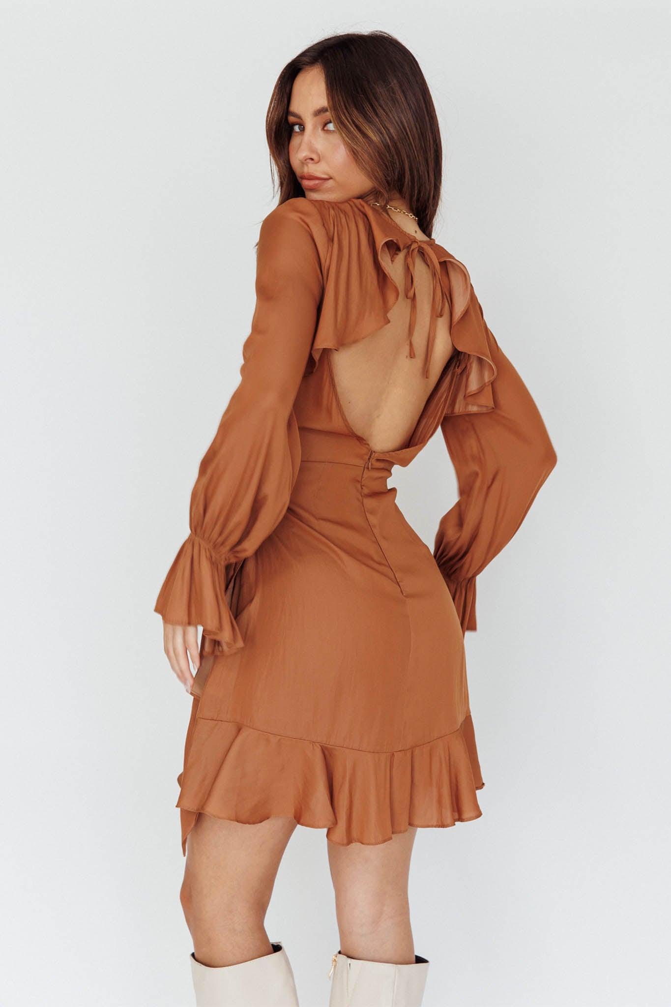 Darla Long Sleeve Satin Dress Tan by Selfie Leslie Australia