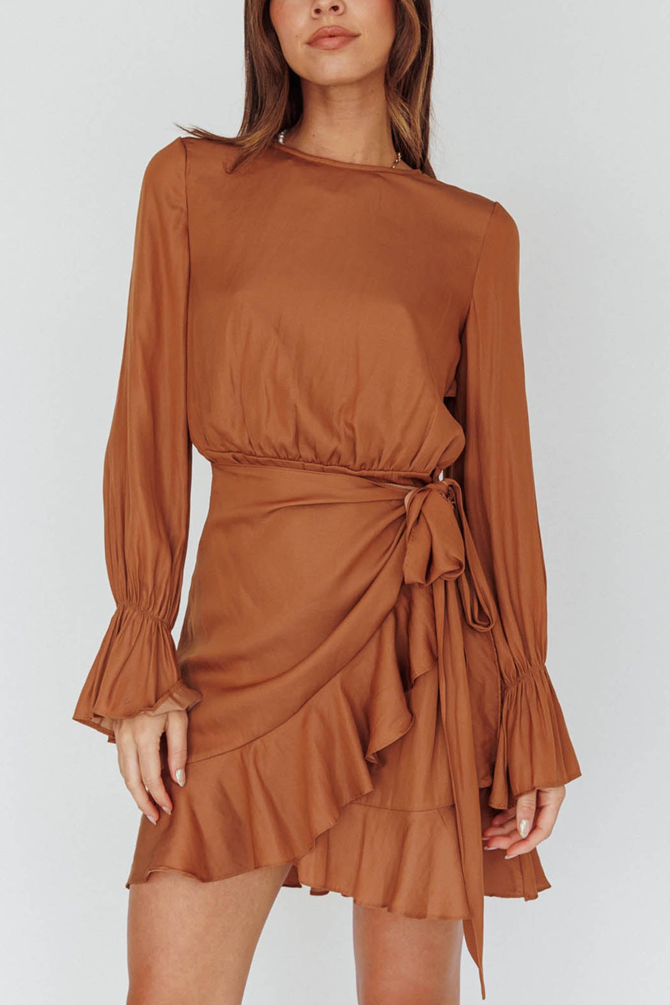 Darla Long Sleeve Satin Dress Tan by Selfie Leslie Australia