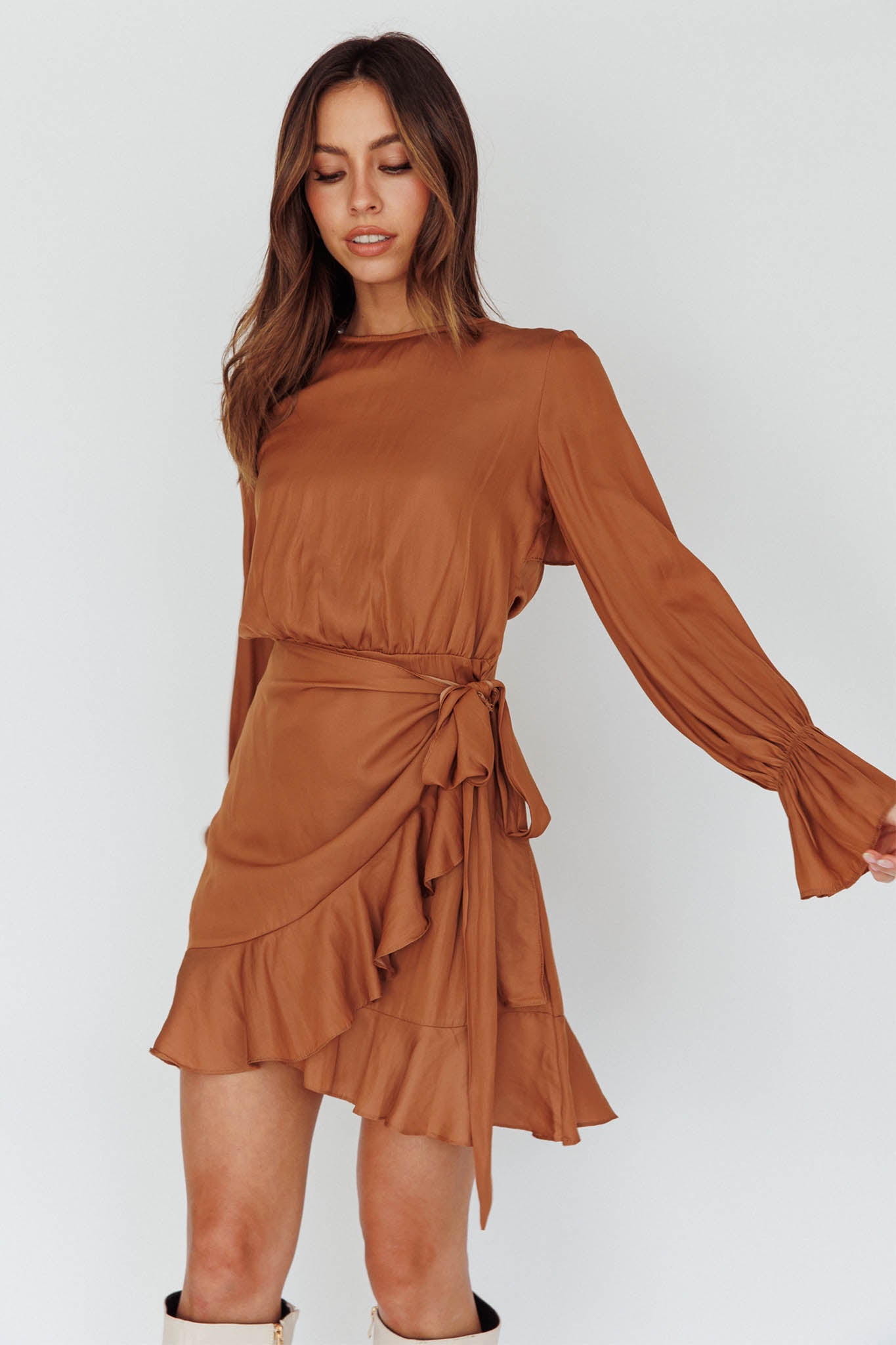 Darla Long Sleeve Satin Dress Tan by Selfie Leslie Australia