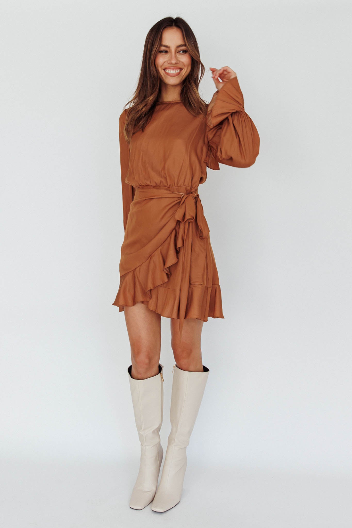 Darla Long Sleeve Satin Dress Tan by Selfie Leslie Australia